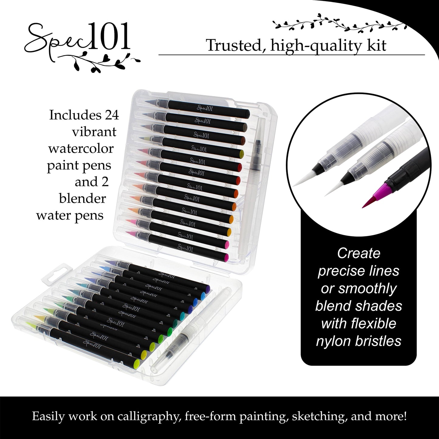 Spec101 Watercolor Pens Brush Set - 24 Watercolor Brush Markers and 2 Blend Pens