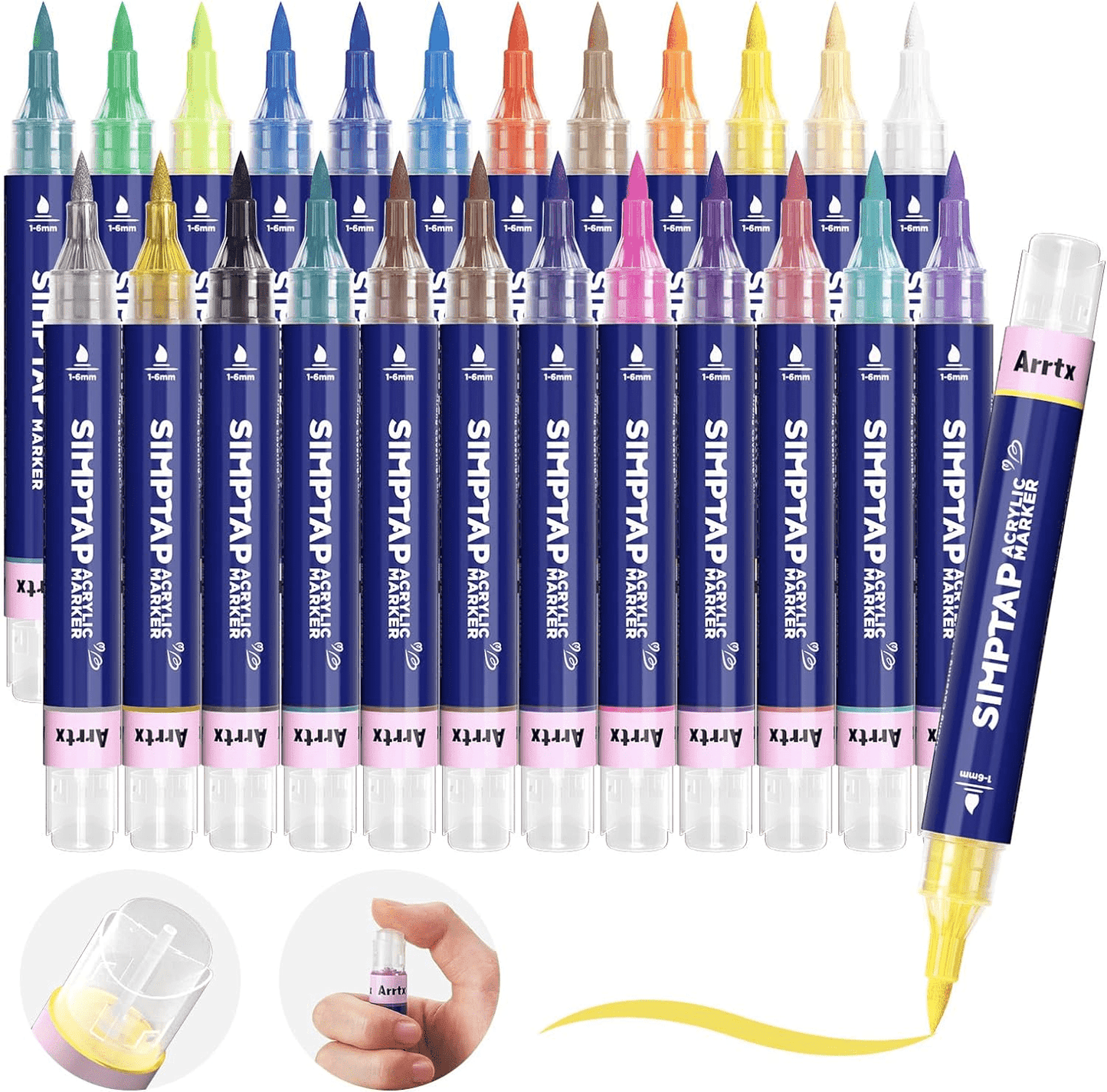 SIMPTAP Top Valve Action Markers, Set of 24 Colors Acrylic Paint Pens Art Supplies for Adults