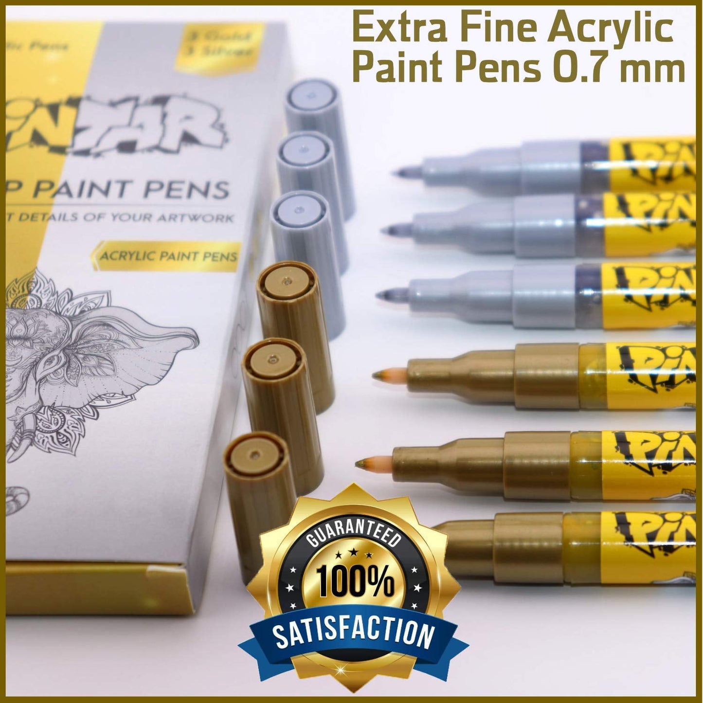 PINTAR Premium Acrylic Paint Pens - 3 Gold & 3 Silver(6-Pack) Extra Fine Tip(0.7) Rock Painting, Ceramic Glass, Wood, Paper, Fabric, Water Resistant Paint Set, Surface Pen, Craft Supplies, DIY Project
