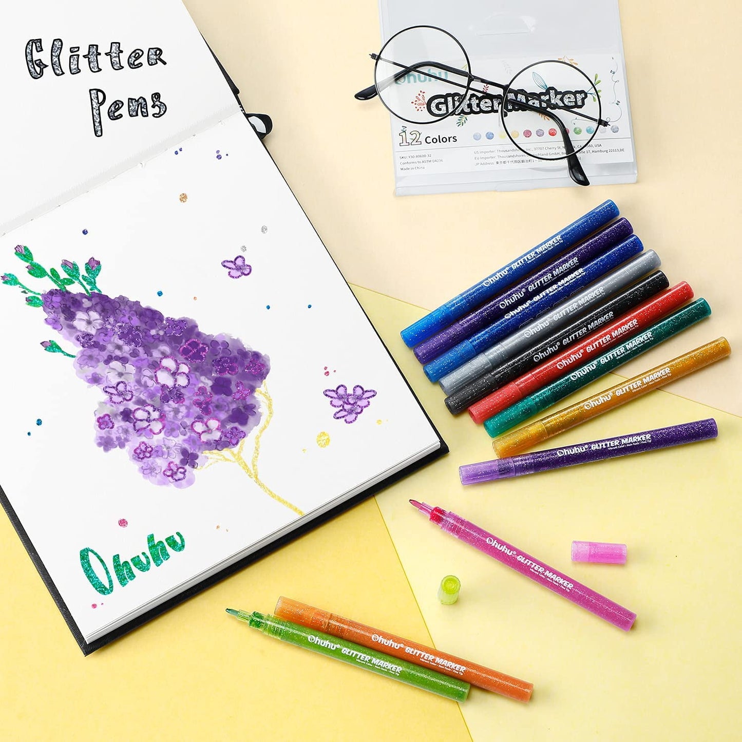 Ohuhu Glitter Markers, 12 Metallic Colors, Fine Tip, Water-Based Ink, for DIY Crafts