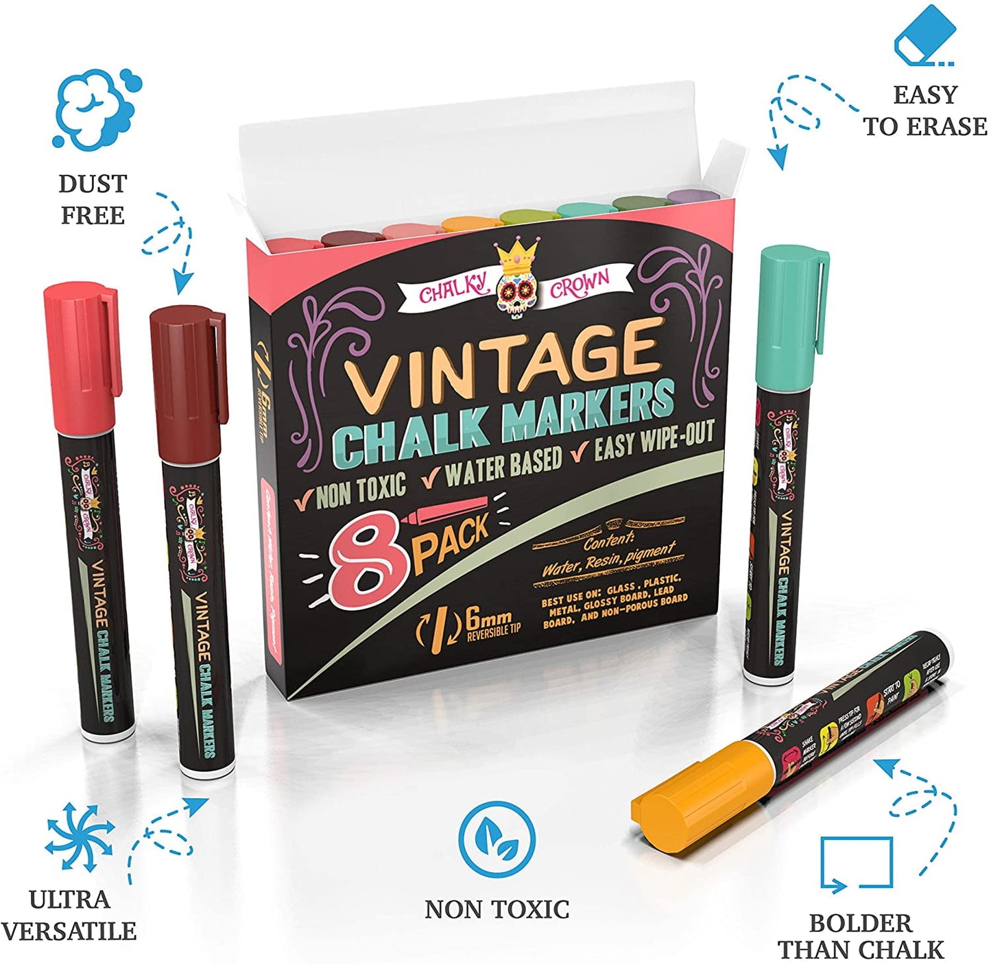 Chalky Crown - Liquid Chalk Markers for Signs, Windows, Blackboard, Glass - Reversible Tip (8 Pack, 6mm)