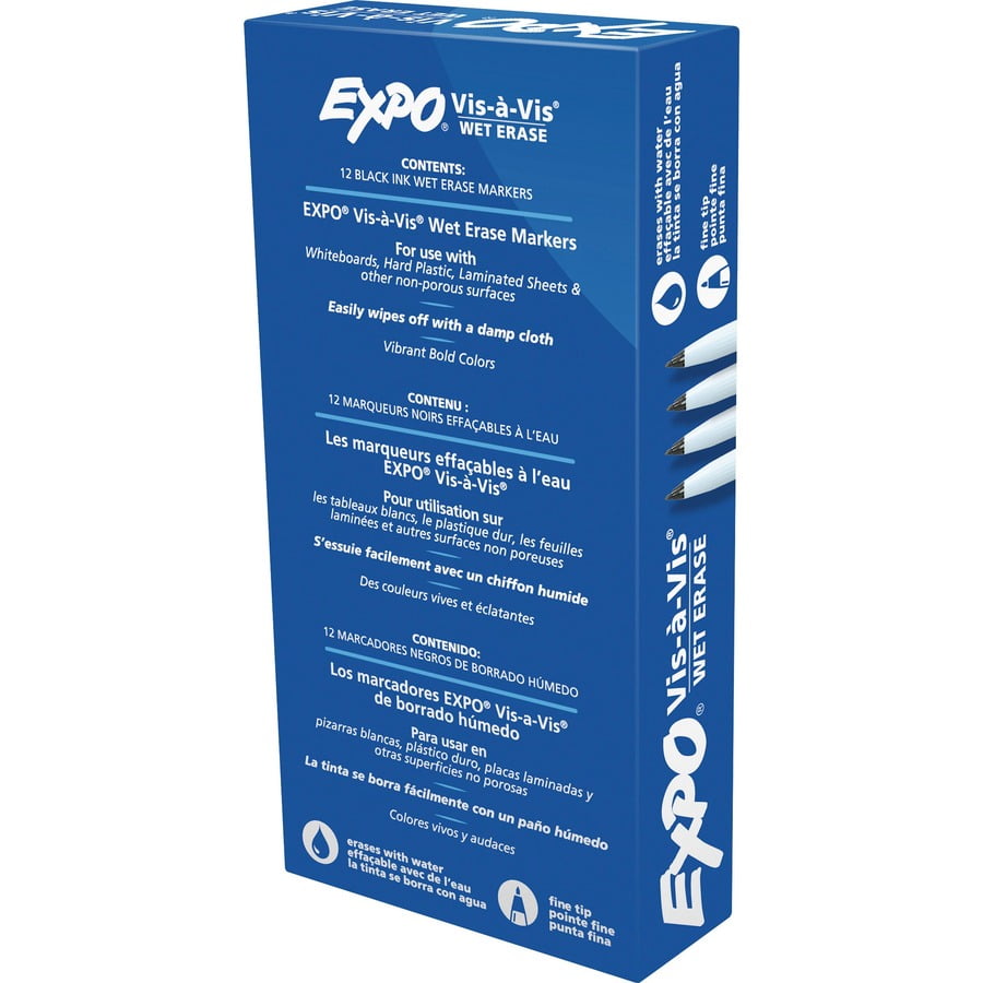 Expo Vis-A-Vis Wet-Erase Overhead Projection Fine Point Markers, Black, 12 Count