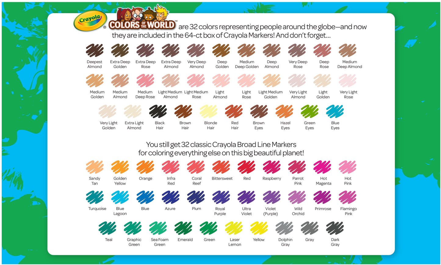 Crayola Broad Line Markers with Colors of The World, 64 Ct, Back to School Supplies, Child