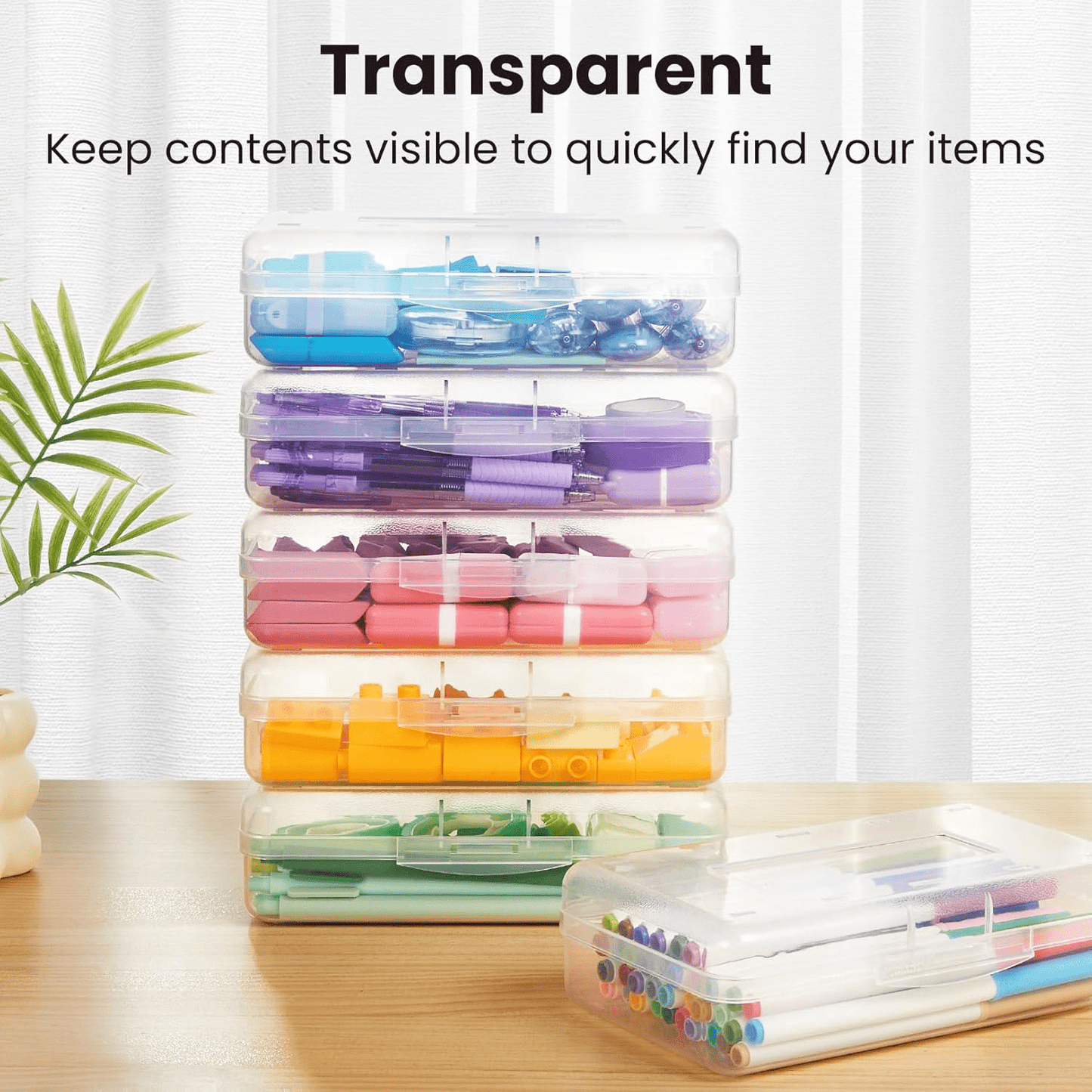 Meitianfacai 1PC Pencil Case, Large Capacity Hard Pencil Box, Clear Crayon Box Marker Pen Organizer, Plastic Storage Container with Snap Lid, Stackable Art Supply Bead Craft Organizer(Clear)