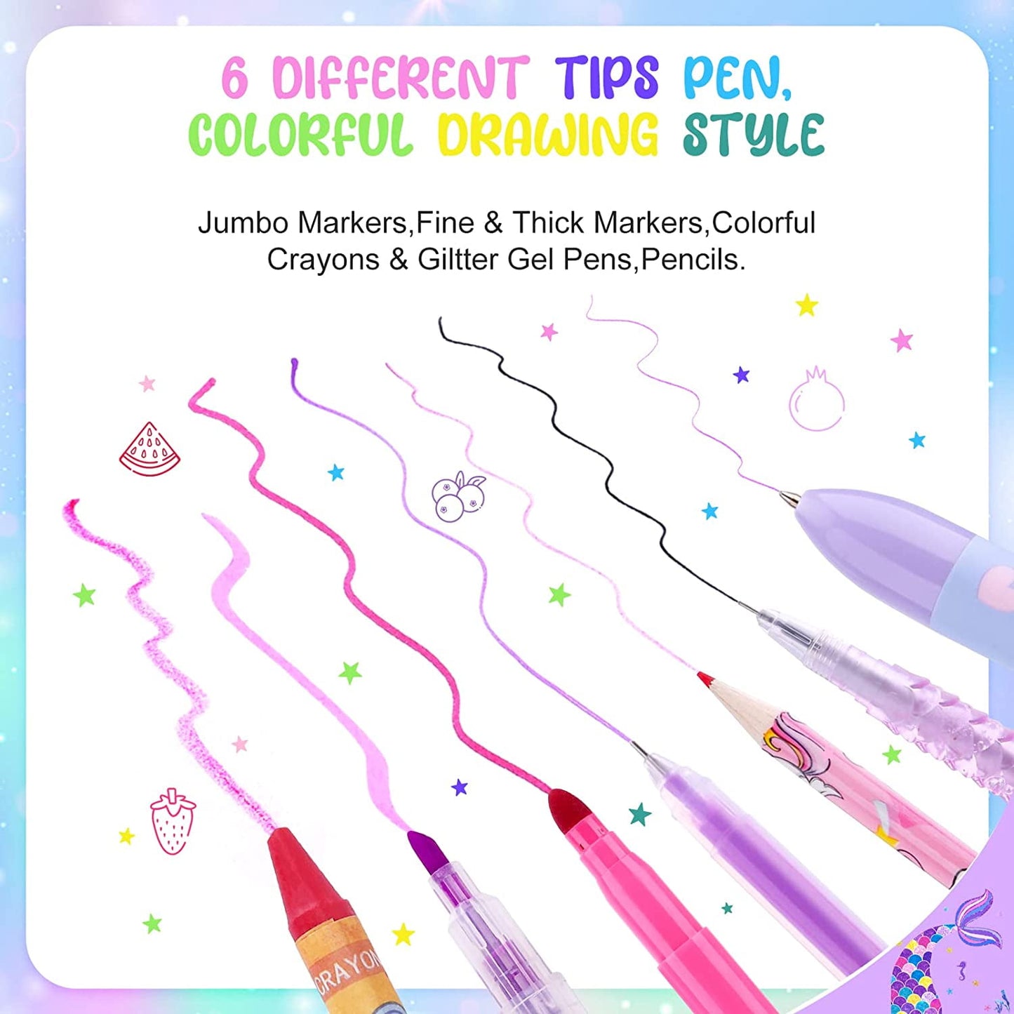 JYPS Mermaid Art Craft Kit for Kids, Glitter Fruit Scented Markers Set (56 Count)