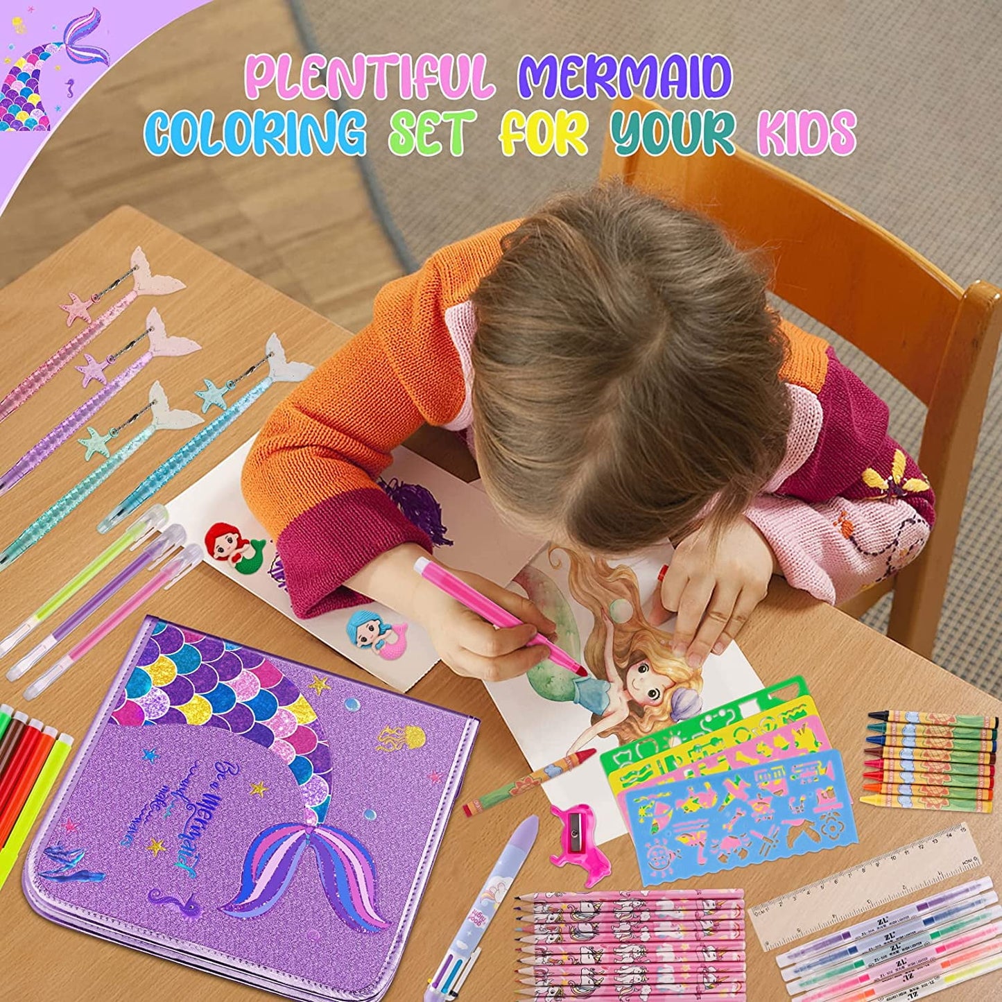 JYPS Mermaid Art Craft Kit for Kids, Glitter Fruit Scented Markers Set (56 Count)
