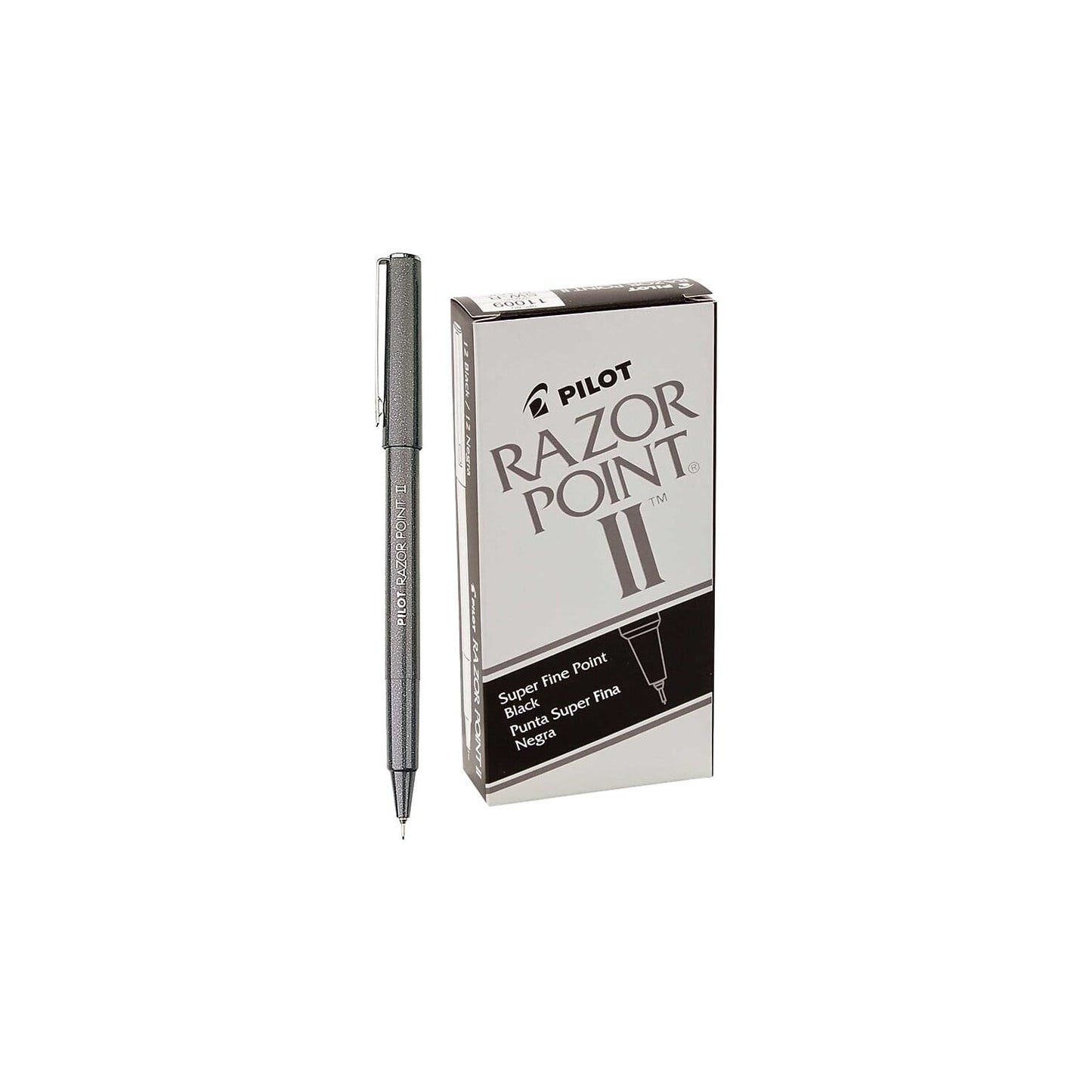 Pilot Razor Point II Super Fine Marker Pen, Black Ink, .2mm, Dozen