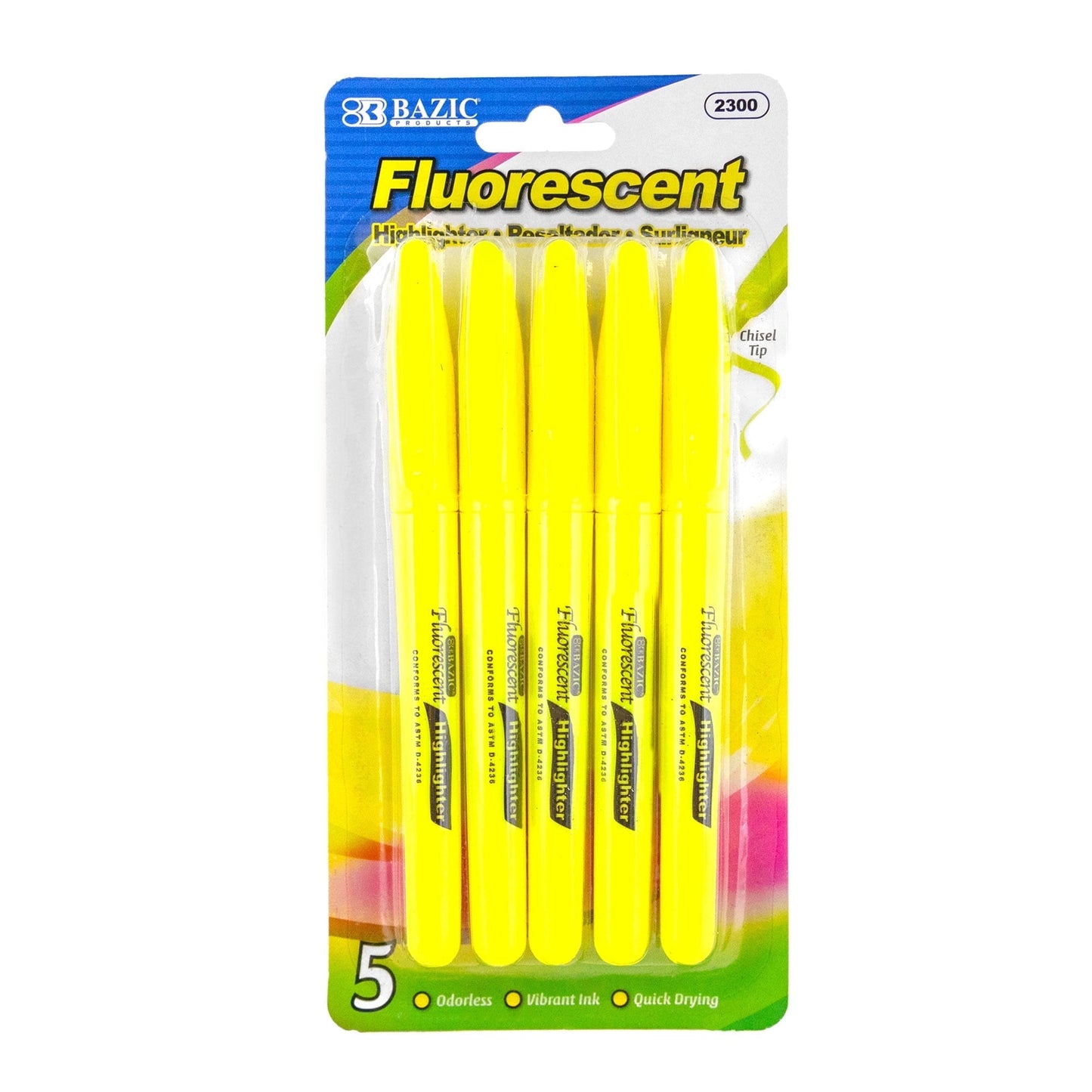 BAZIC Pastel Highlighter Assorted Color Pen Style, Chisel Tip Broad Fine Line Highlighters (5/Pack), 1-Pack