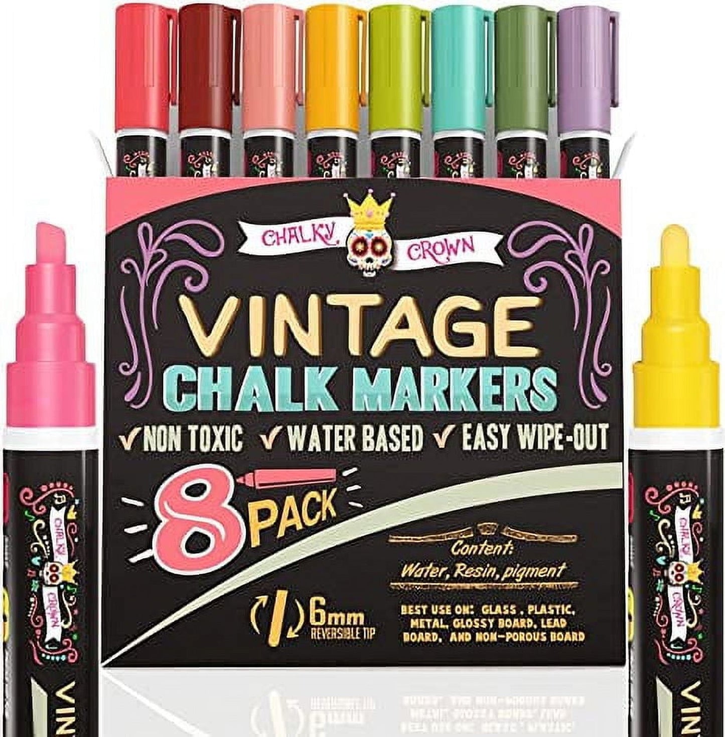 Chalky Crown - Liquid Chalk Markers for Signs, Windows, Blackboard, Glass - Reversible Tip (8 Pack, 6mm)