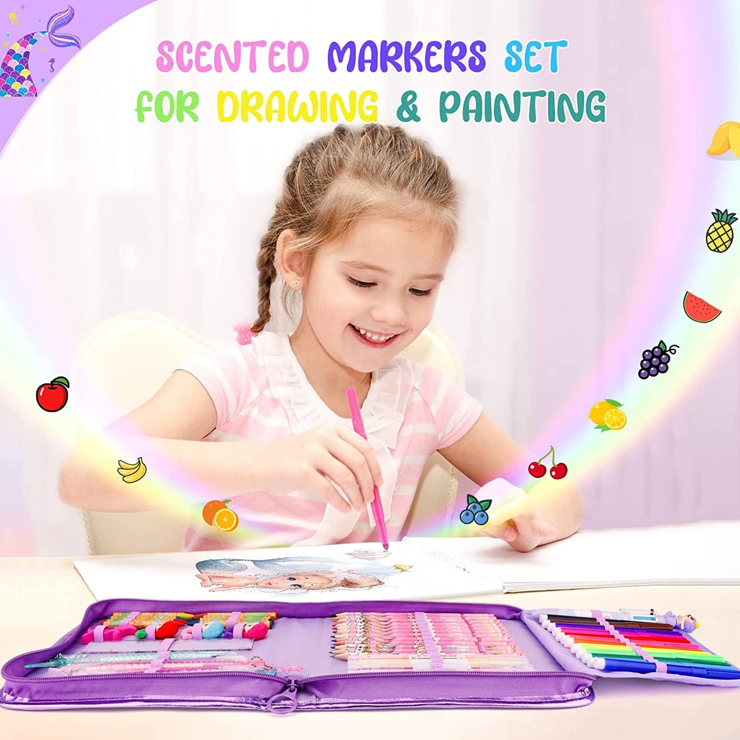 JYPS Mermaid Art Craft Kit for Kids, Glitter Fruit Scented Markers Set (56 Count)