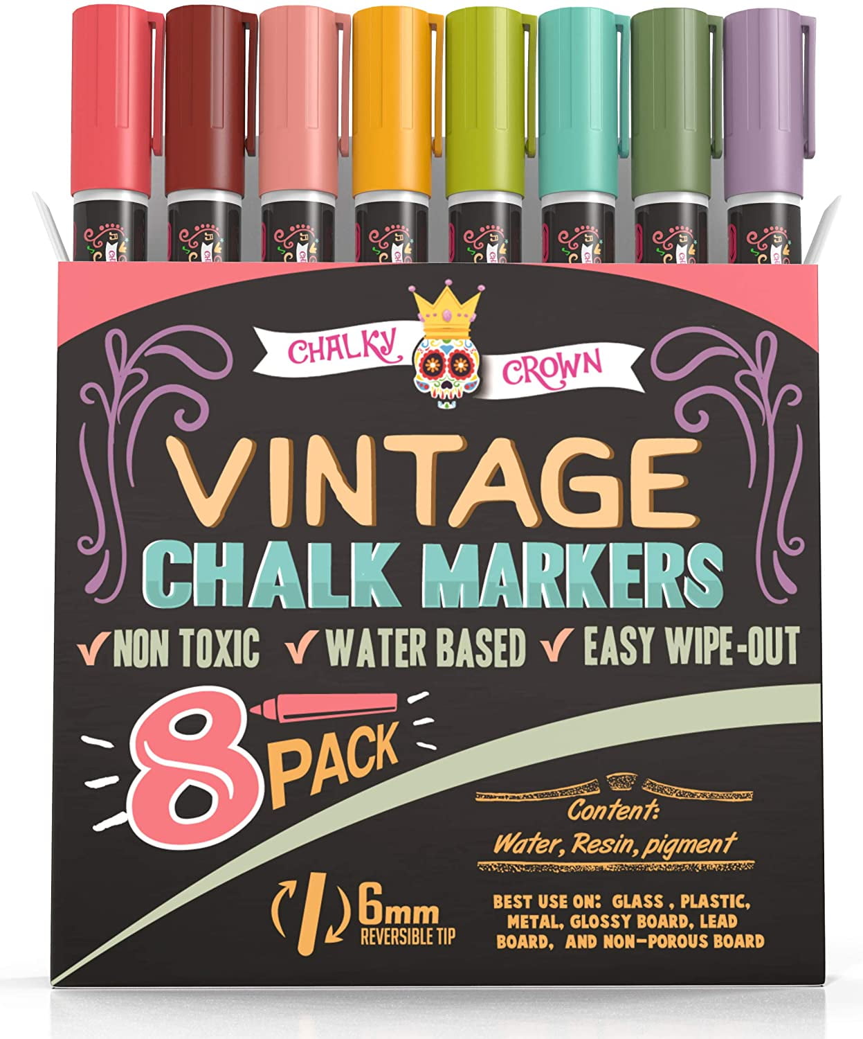 Chalky Crown - Liquid Chalk Markers for Signs, Windows, Blackboard, Glass - Reversible Tip (8 Pack, 6mm)