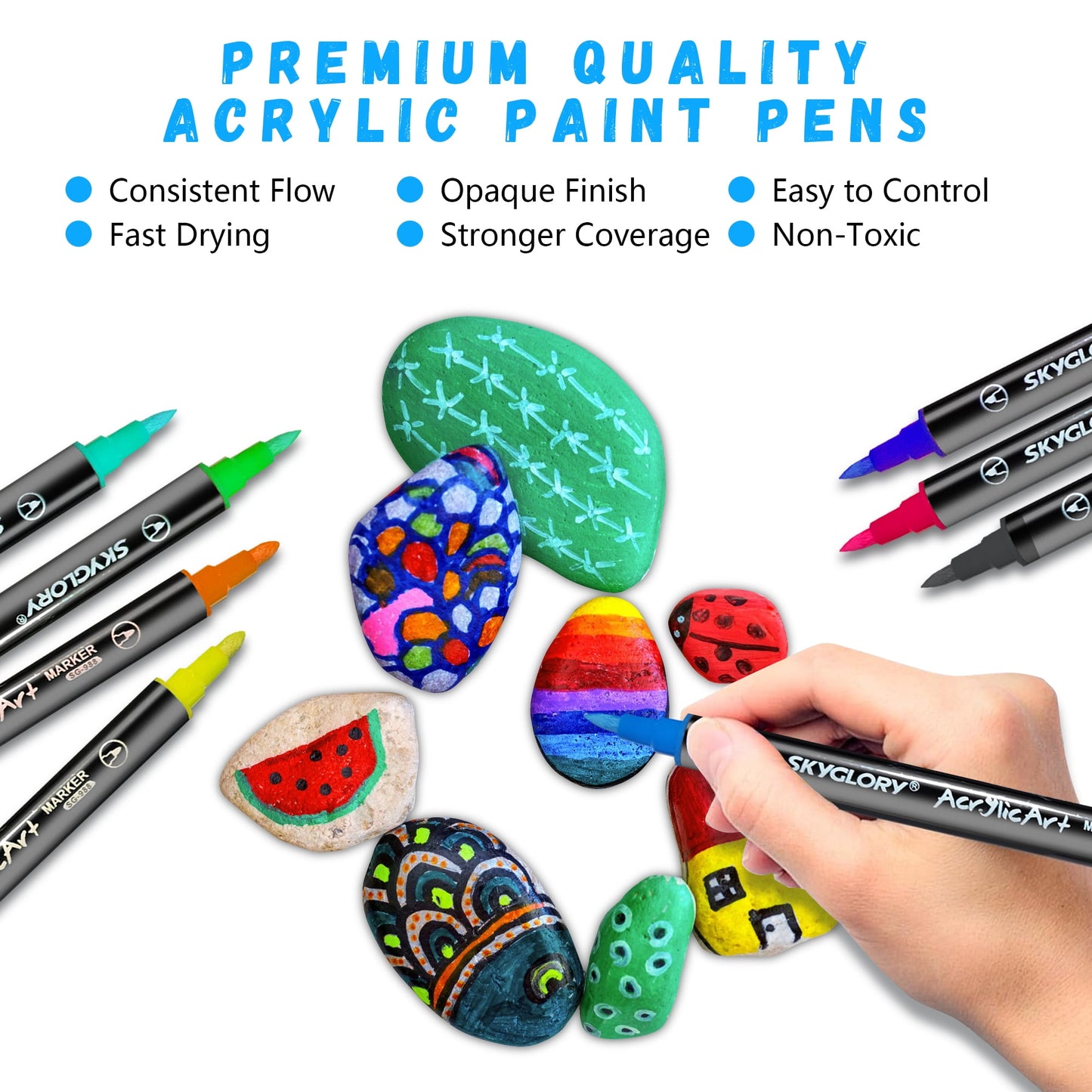 24 Colors Acrylic Paint Pens Paint Markers Set,Dual Tip Paint Markers With Medium Tip and Brush Tip for Rock Painting,Ceramic,Wood,Plastic,Calligraphy, Scrapbooking,Brush Lettering,DIY Crafts