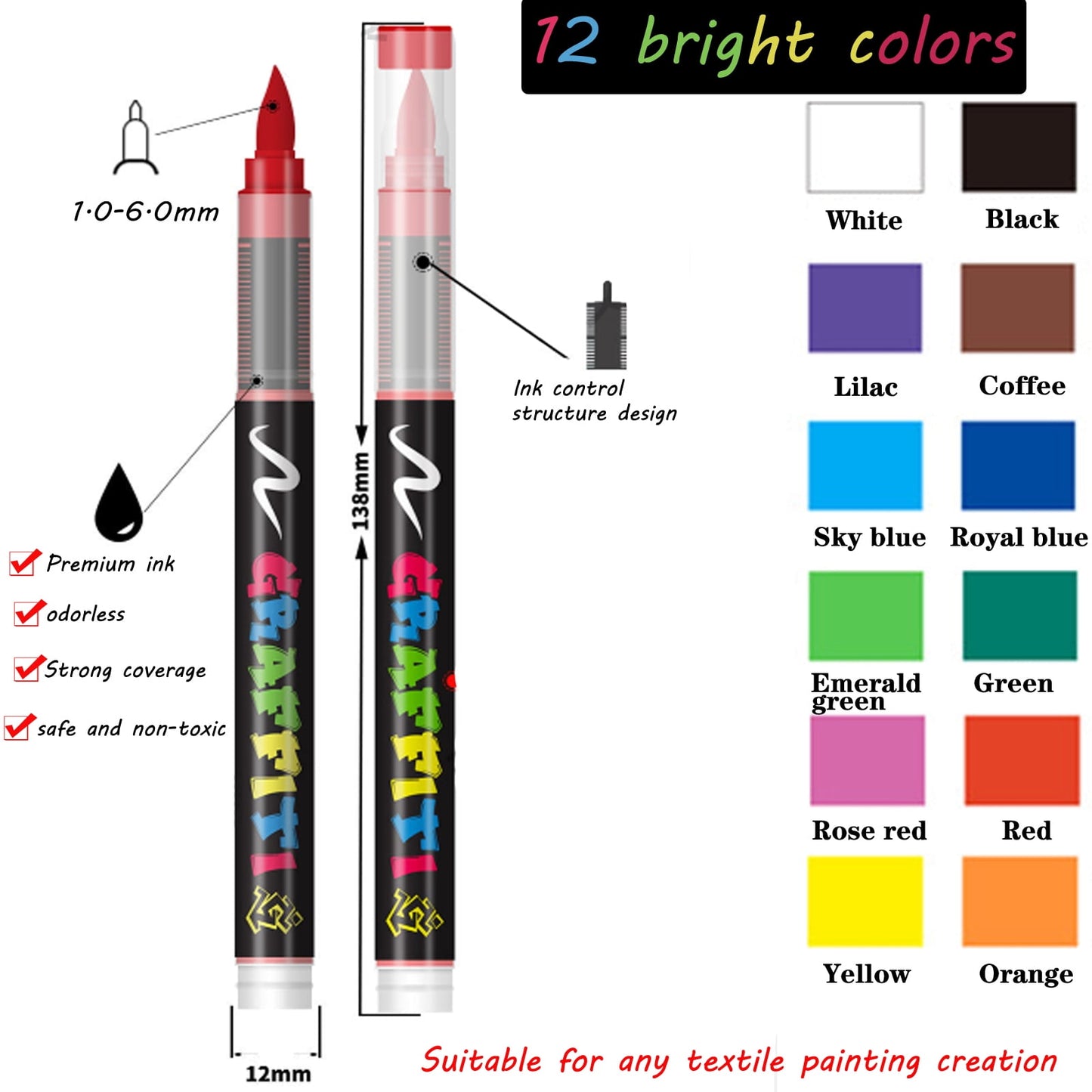 Ceramic Pen 12 Color Permanent Markers Waterproof (1.0-6.0mm) Acrylic Pens Suitable for Glass Ceramic Canvas Stone Metal Easter Eggs
