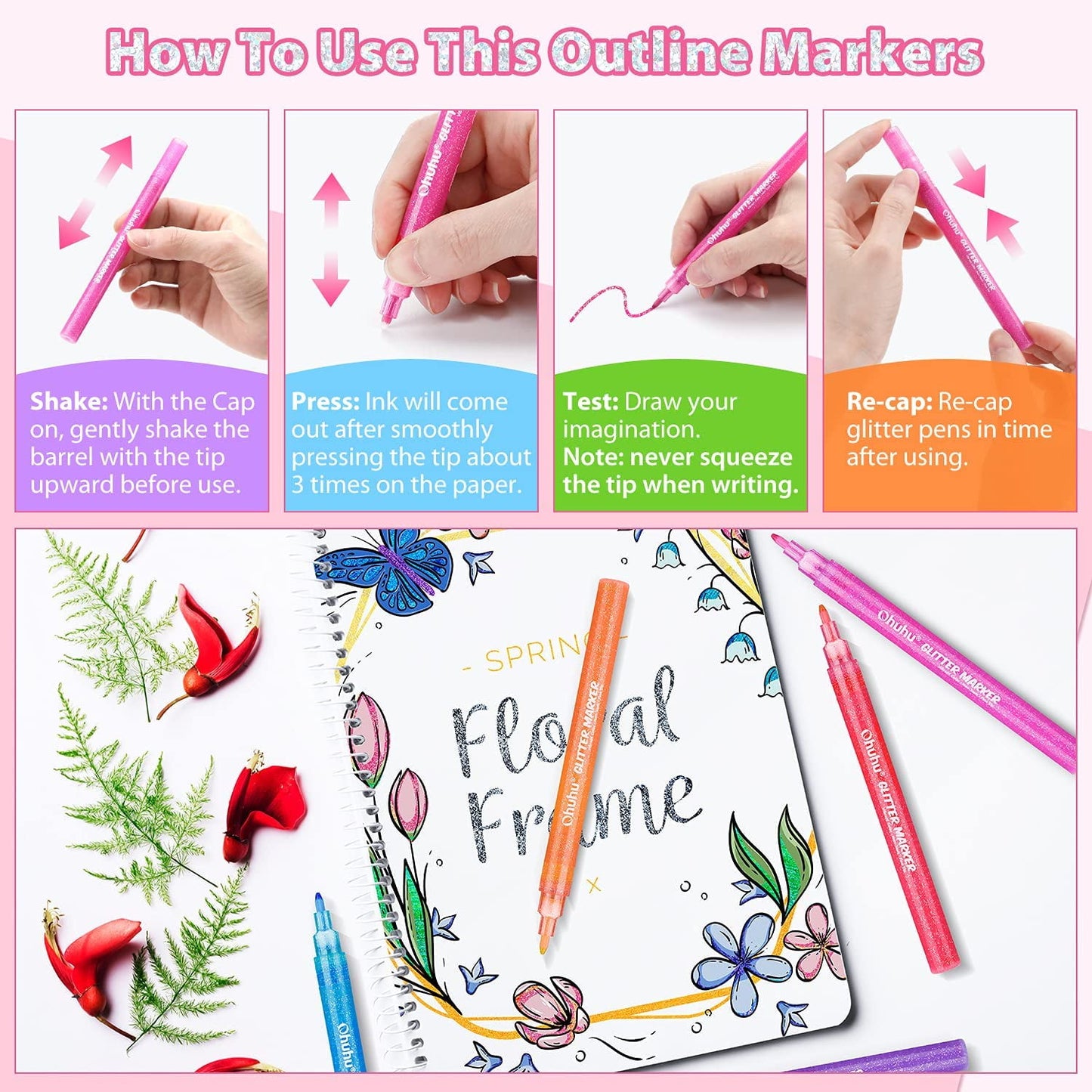 Ohuhu Glitter Markers, 12 Metallic Colors, Fine Tip, Water-Based Ink, for DIY Crafts