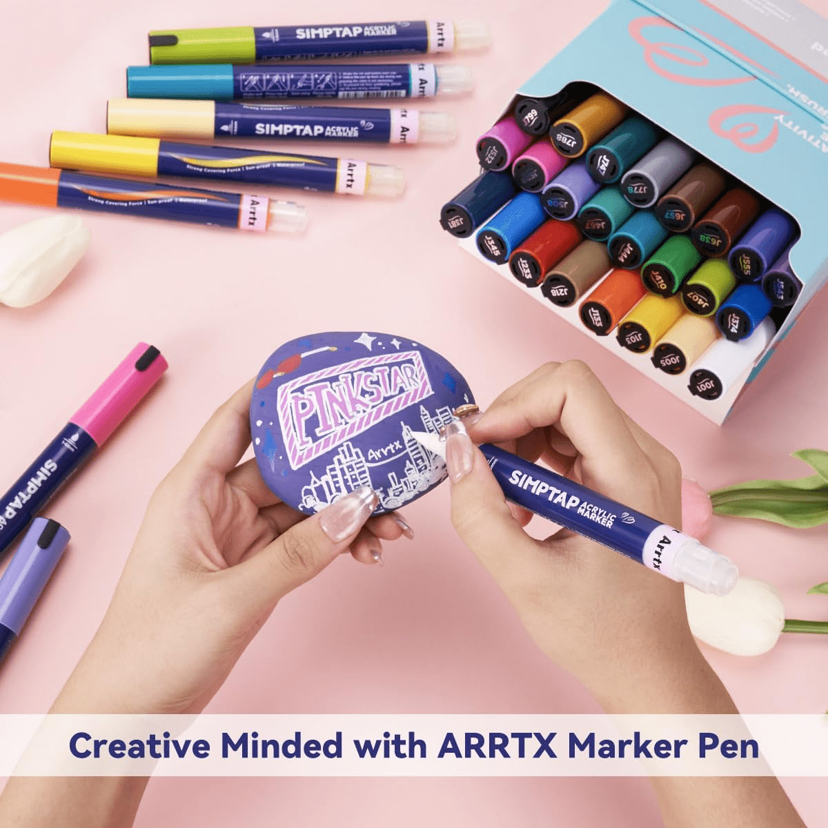 SIMPTAP Top Valve Action Markers, Set of 24 Colors Acrylic Paint Pens Art Supplies for Adults