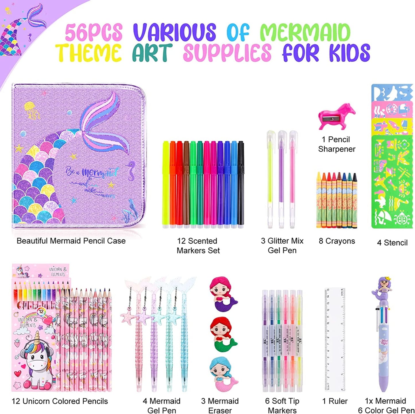 JYPS Mermaid Art Craft Kit for Kids, Glitter Fruit Scented Markers Set (56 Count)