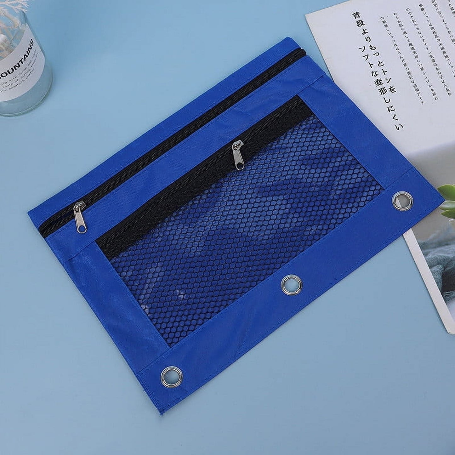 3-Ring Binder Zipper Pouch: Dual-Compartment Clear Window Pencil Case for Pens Cosmetics - 10" x 7.5" Office Travel Organizer(Blue)