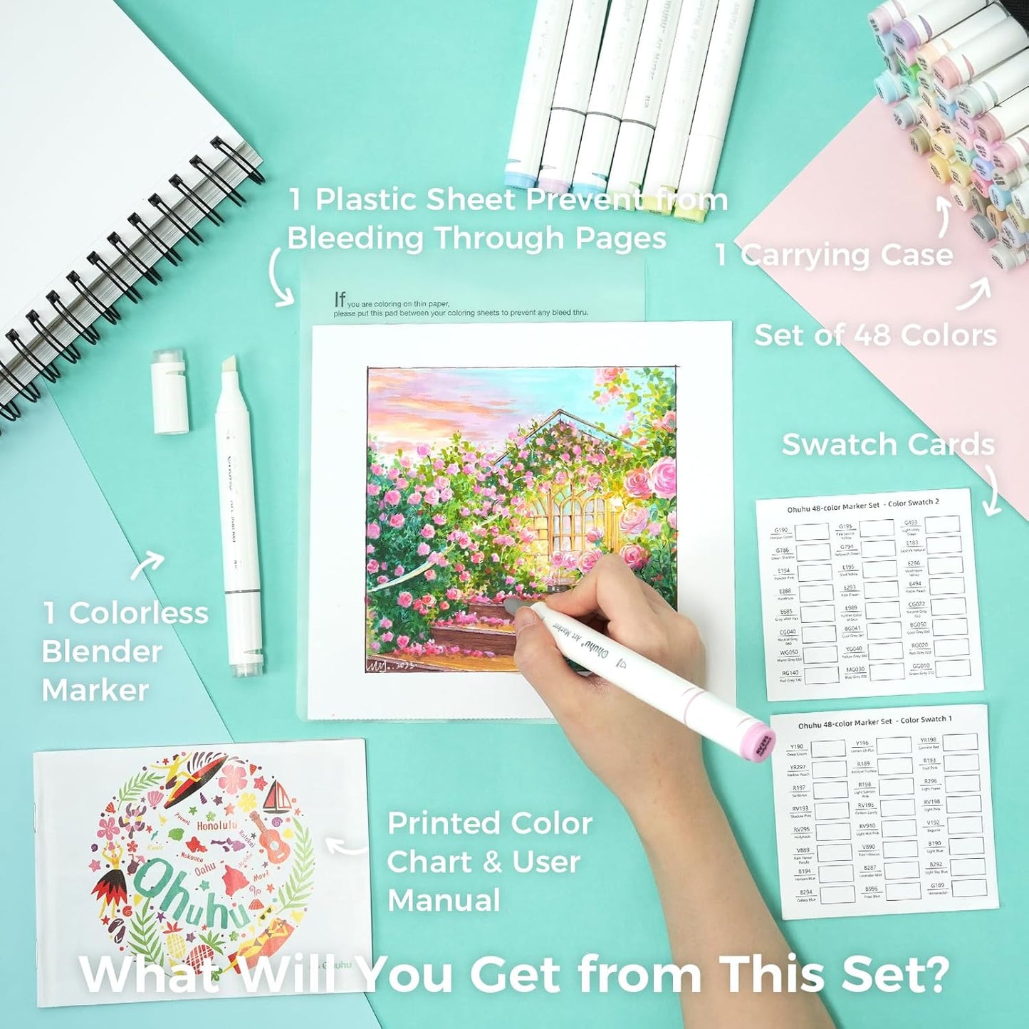 Ohuhu 48 Pastel Colors Chisel & Fine Dual Tips Alcohol Markers - Oahu - Refillable Ink