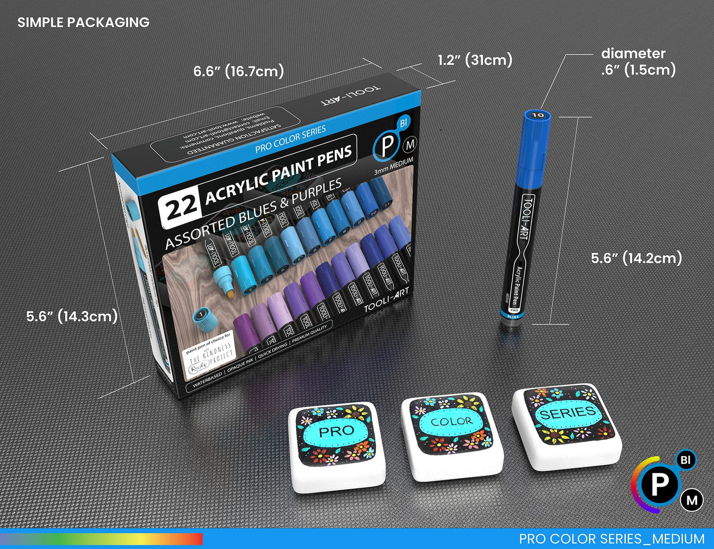 Tooli-Art Acrylic Paint Pens Blues and Purple Pro Color Series with 3mm Medium Tip Marker Set of 22