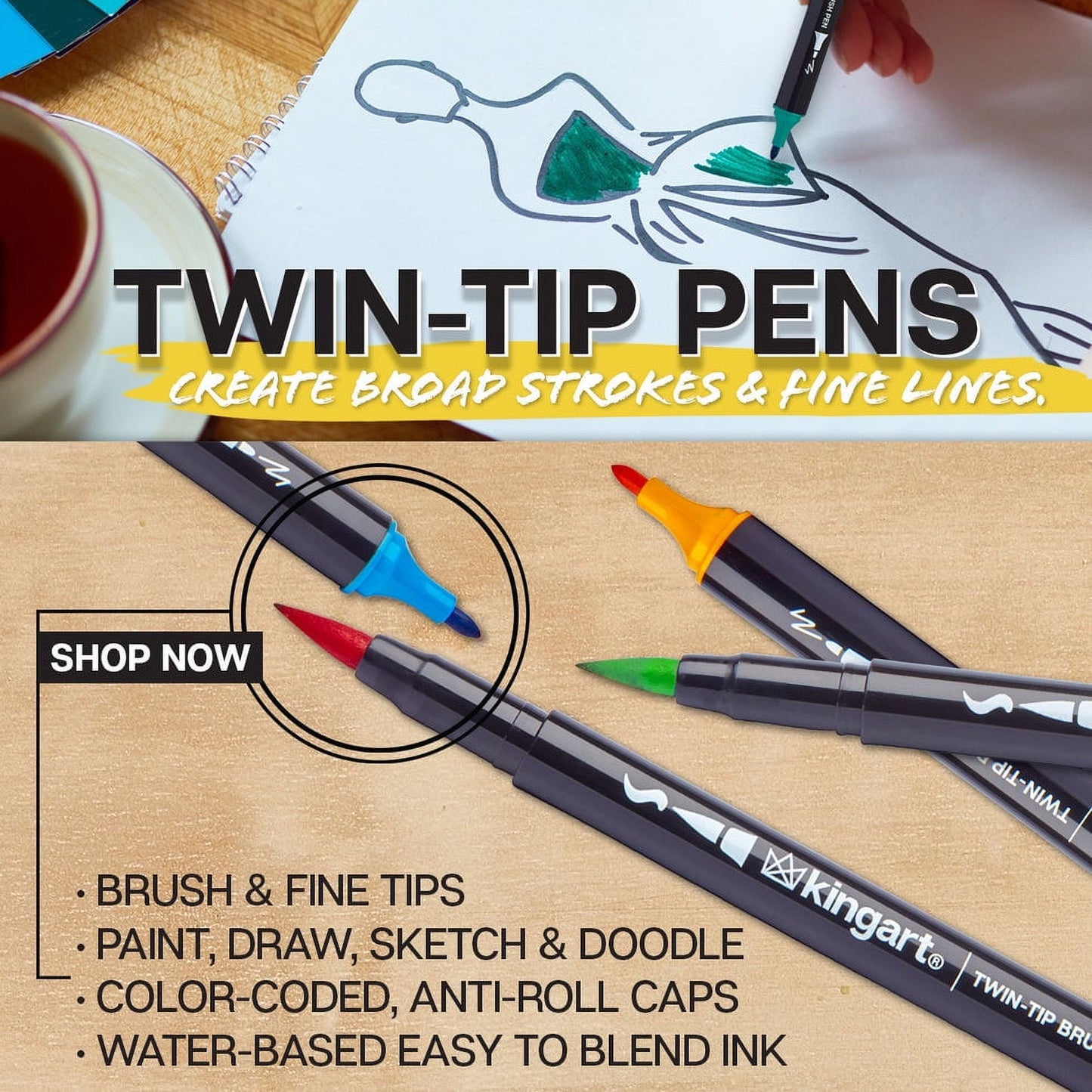 KINGART PRO Twin-Tip Brush Pen Art Markers, 48 Colors