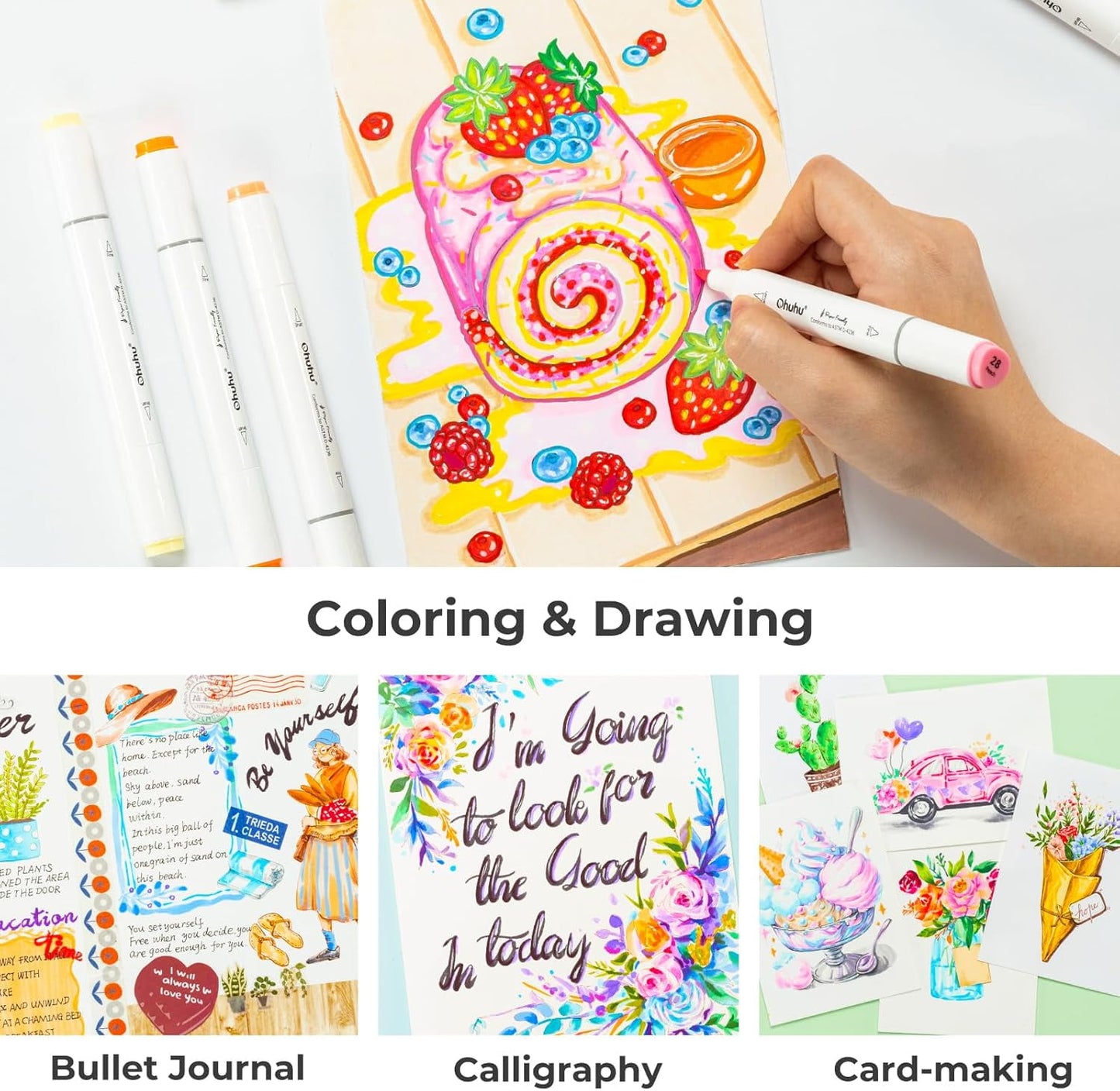 Ohuhu 60 Colors Dual Tip Water-Based Markers, Brush & Fine, No Bleed, Paper-Friendly for Adults
