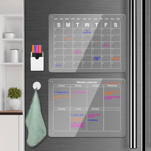 2X Acrylic Magnetic Fridge Calendar Week & Month W/ Dry Erase Markers And Holder
