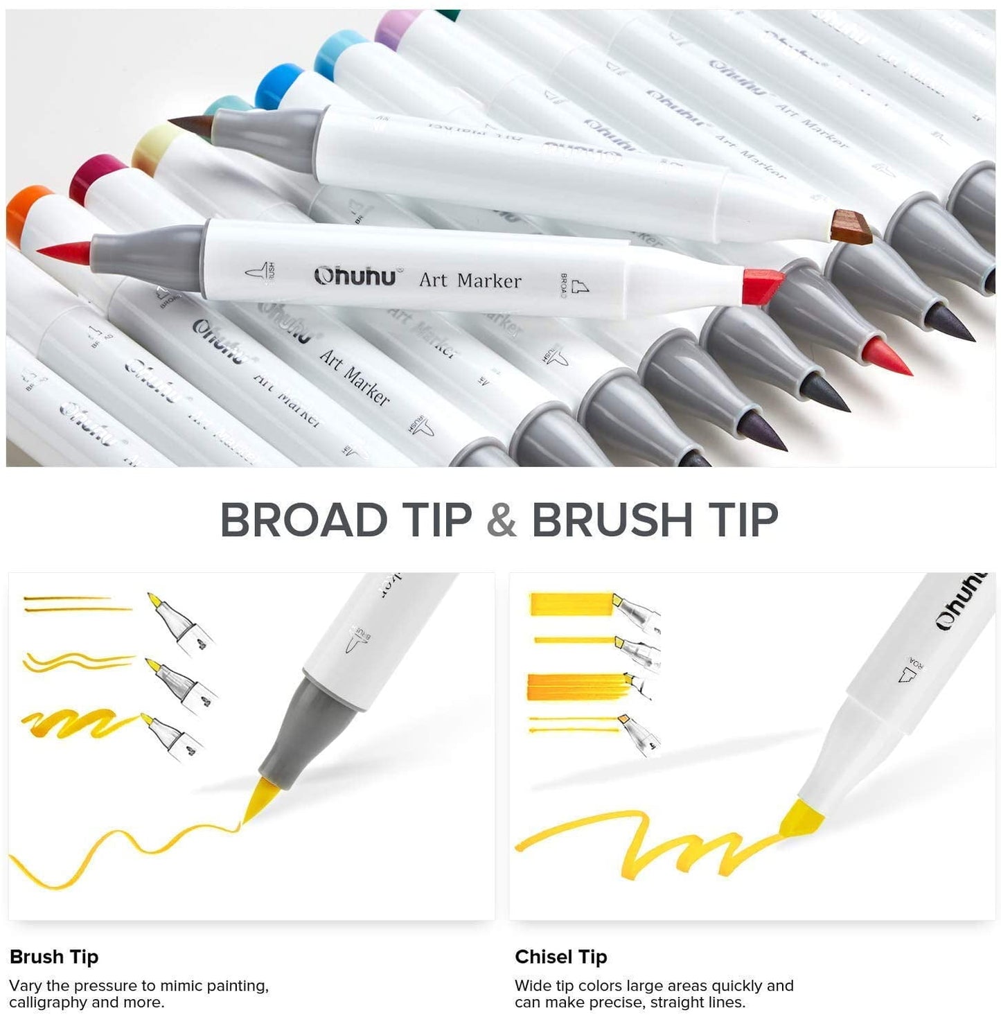 Dual Tips Ohuhu 72-Color Brush & Chisel Tips Alcohol Based Markers with Carrying Case