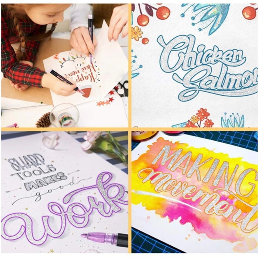 12 Colors Shimmer Outline Markers, Double Line Metallic Pen Set Sparkle Self-Outline Doodle Marker Acrylic Marker Pen