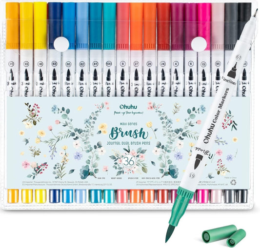 Ohuhu 36 Colors Dual Tips Brush Pens, Water Based Marker for Calligraphy Drawing Sketching