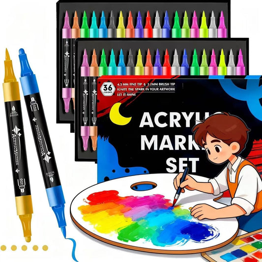 36 Count Acrylic Paint Markers Set with Dual Tip, Acrylic Paint Pens for Rock Painting, Ceramic, Wood, Canvas, Plastic, Glass, Stone, Calligraphy, Card Making, DIY Crafts