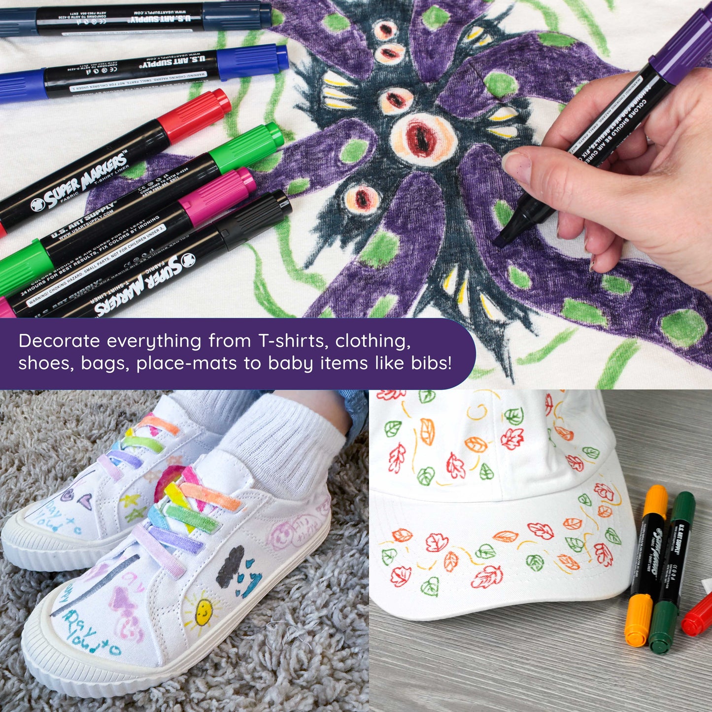 Crazy Colors Dual Tip Fabric & T-Shirt Marker 20 Color Set - Bullet & Chisel Tips - Child Safe - Create Art on Clothing