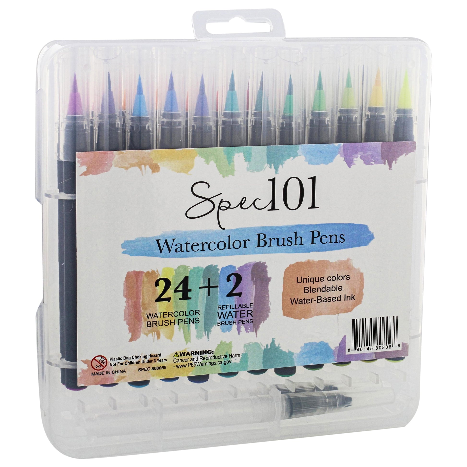 Spec101 Watercolor Pens Brush Set - 24 Watercolor Brush Markers and 2 Blend Pens