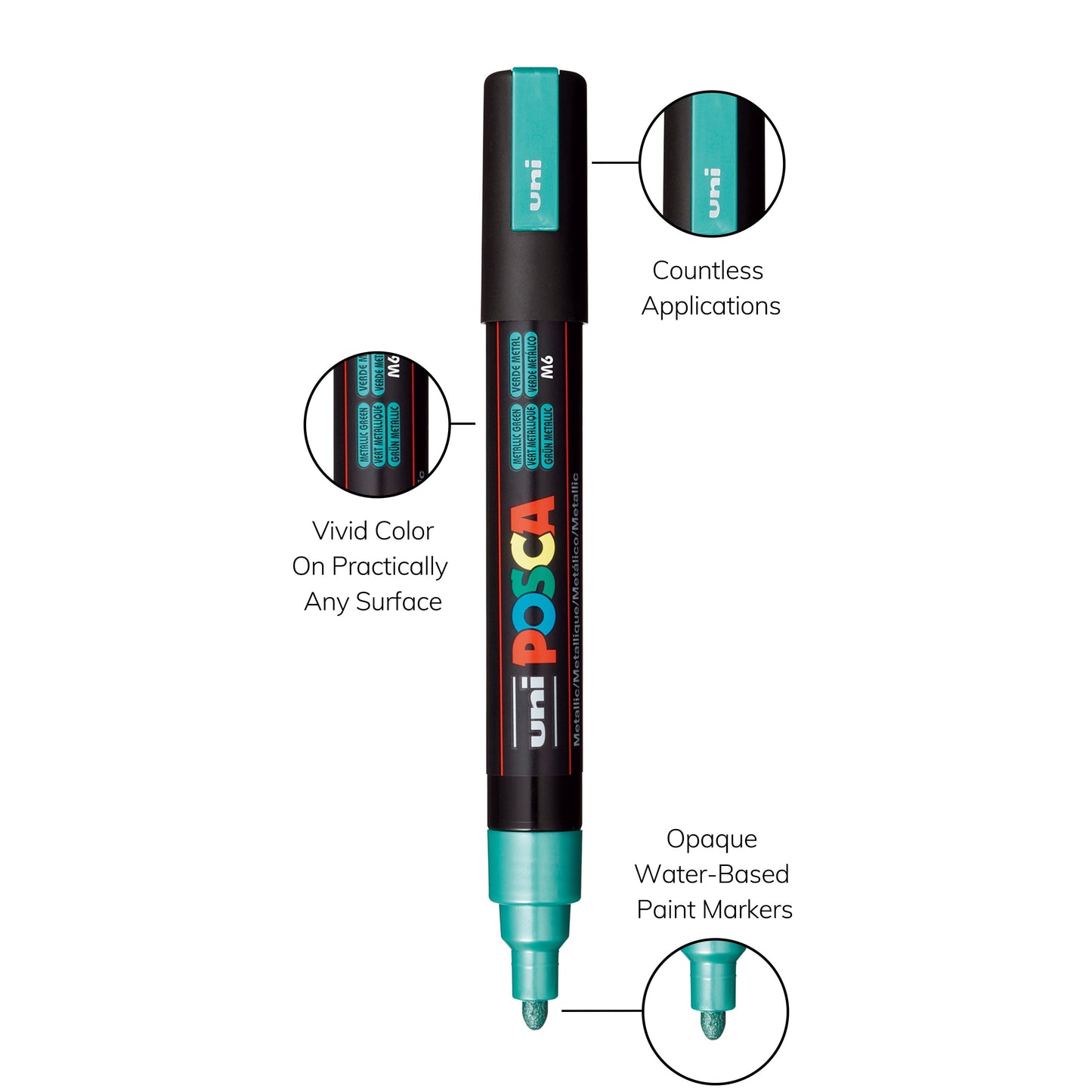 uni® POSCA PC-5M Water-Based Paint Markers, Reversible Medium Tip (1.8-2.5mm), Metallic Colors, 8 Pack