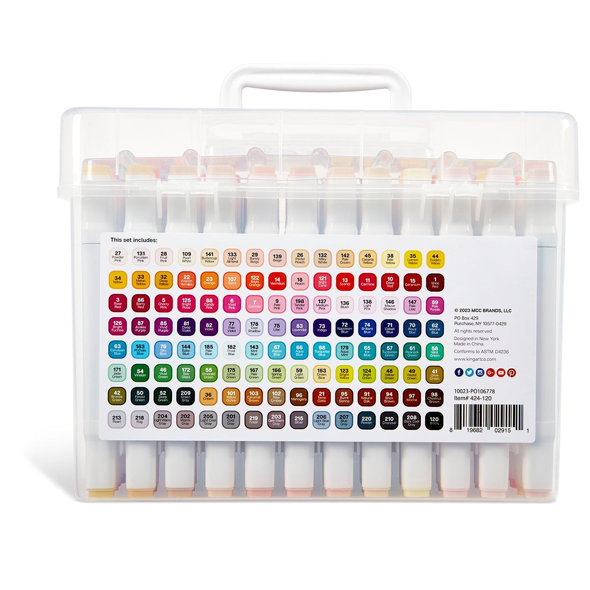 KINGART® 424-120 PRO Double-Ended Alcohol Ink Art Markers, 120 COLORS, Fine Poi