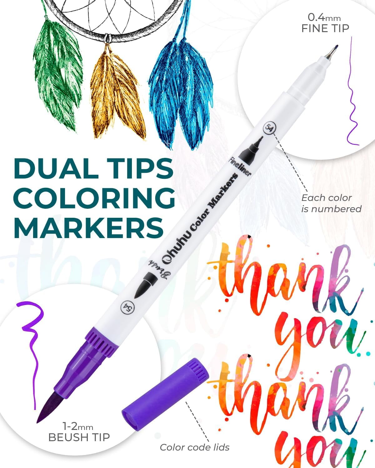 Ohuhu 36 Colors Dual Tips Brush Pens, Water Based Marker for Calligraphy Drawing Sketching