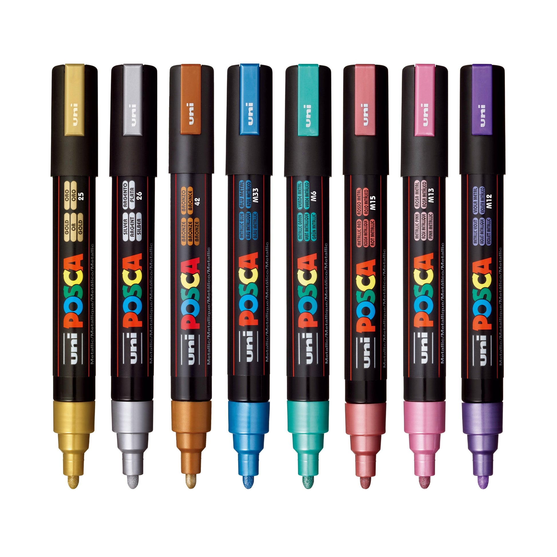 uni® POSCA PC-5M Water-Based Paint Markers, Reversible Medium Tip (1.8-2.5mm), Metallic Colors, 8 Pack