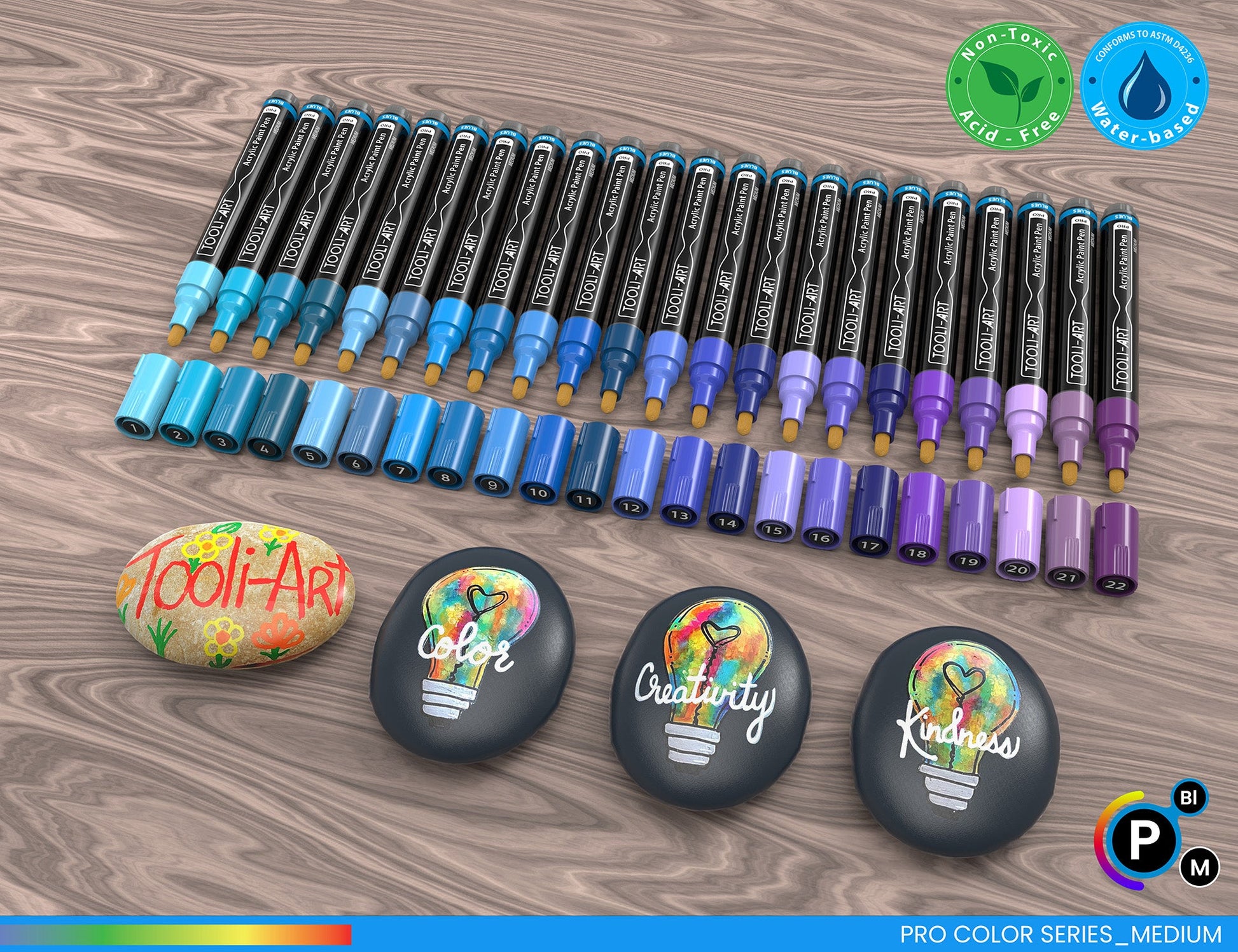 Tooli-Art Acrylic Paint Pens Blues and Purple Pro Color Series with 3mm Medium Tip Marker Set of 22