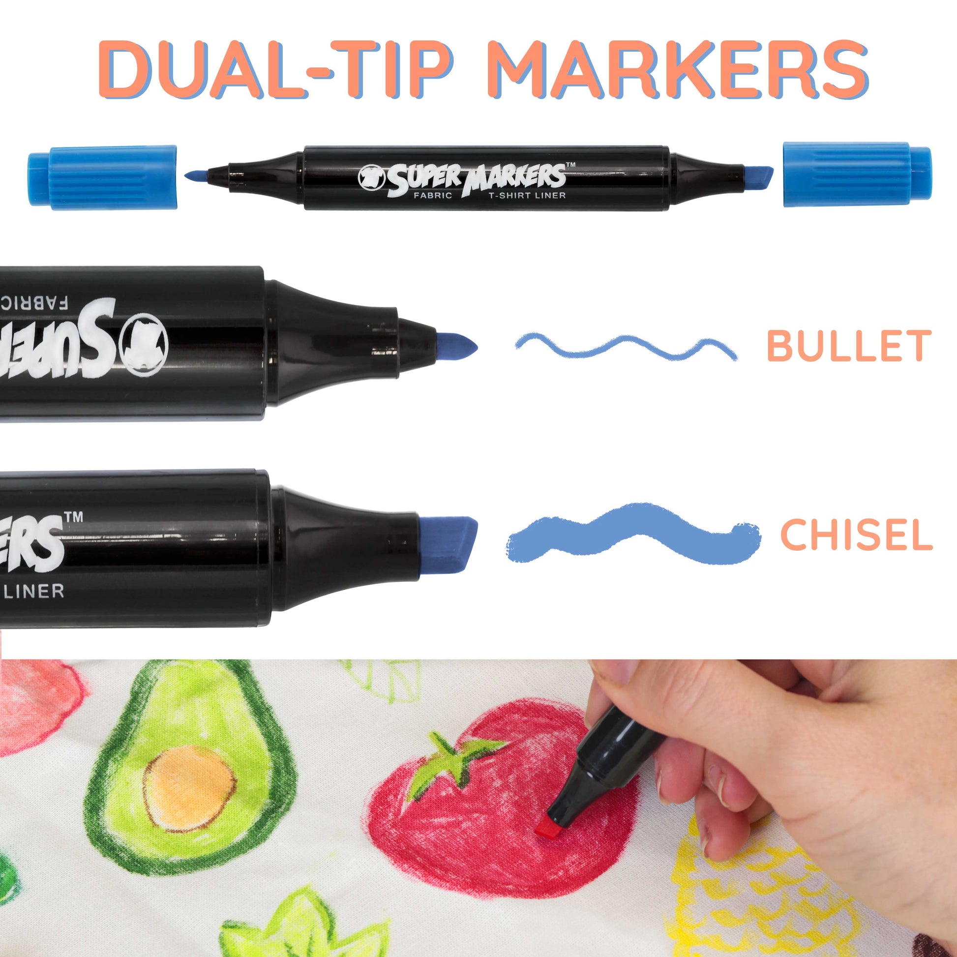 Crazy Colors Dual Tip Fabric & T-Shirt Marker 20 Color Set - Bullet & Chisel Tips - Child Safe - Create Art on Clothing