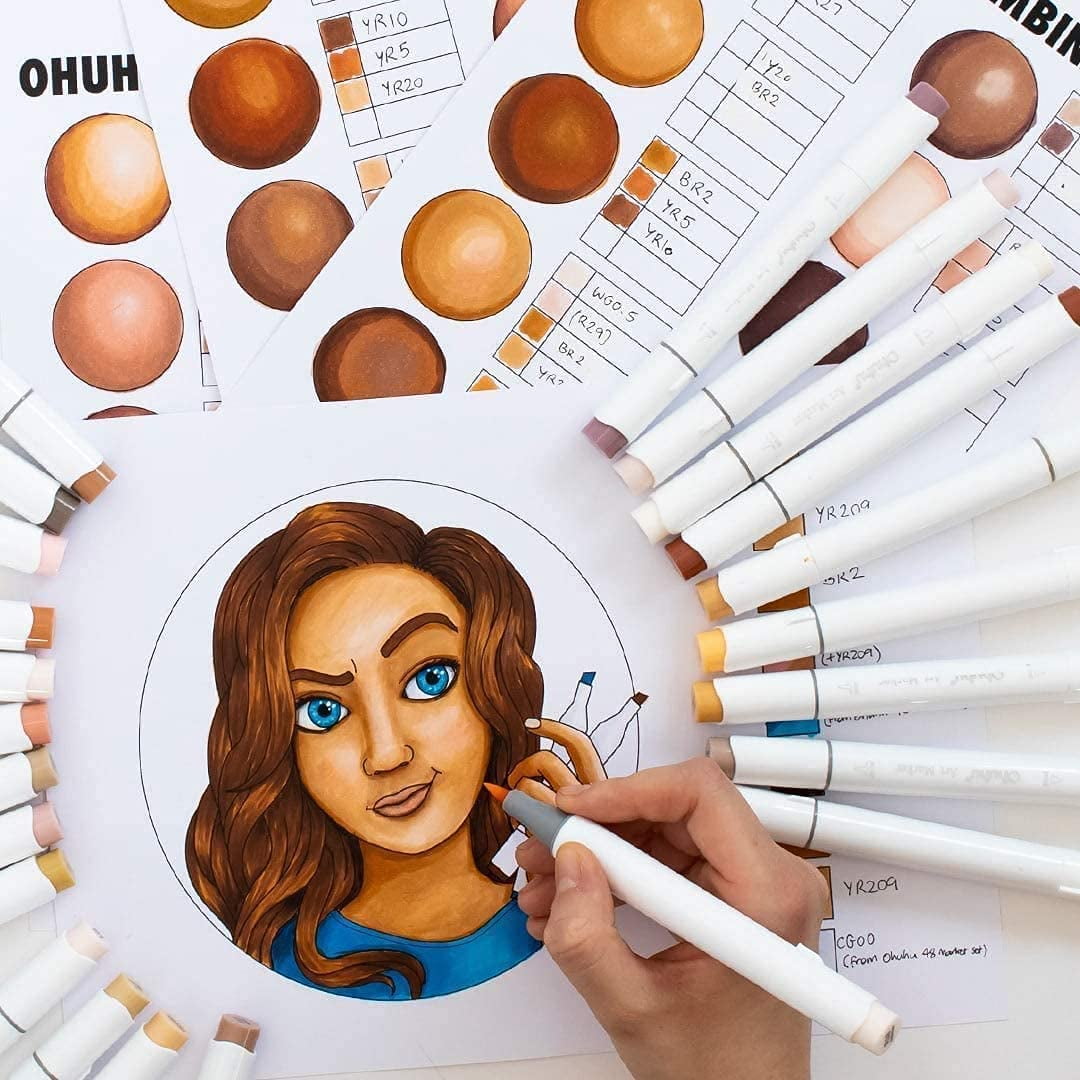 Ohuhu 36 Skin Tone Alcohol Markers, Dual Tip Brush & Fine, Refillable, for Artists & Coloring, Honolulu B