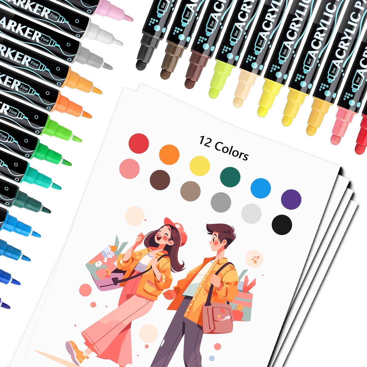 Acrylic Paint Pens, BUSATIA 12 Colors Dual Tip Paint Markers, Acrylic Paint Markers for Rock Painting, Wood, Canvas, Stone, Ceramic Surfaces, DIY Crafts Making Art Supplies-Round Tip and Fine Tip