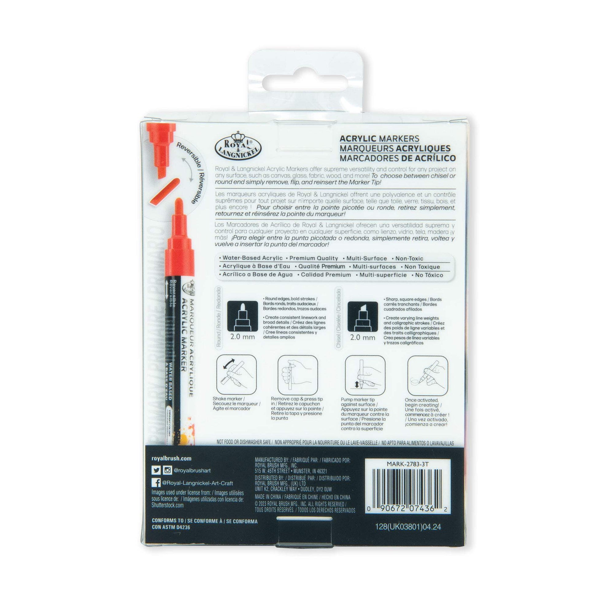 Royal & Langnickel 12PC Acrylic 2.0 mm Reversible Tip Primary Markers