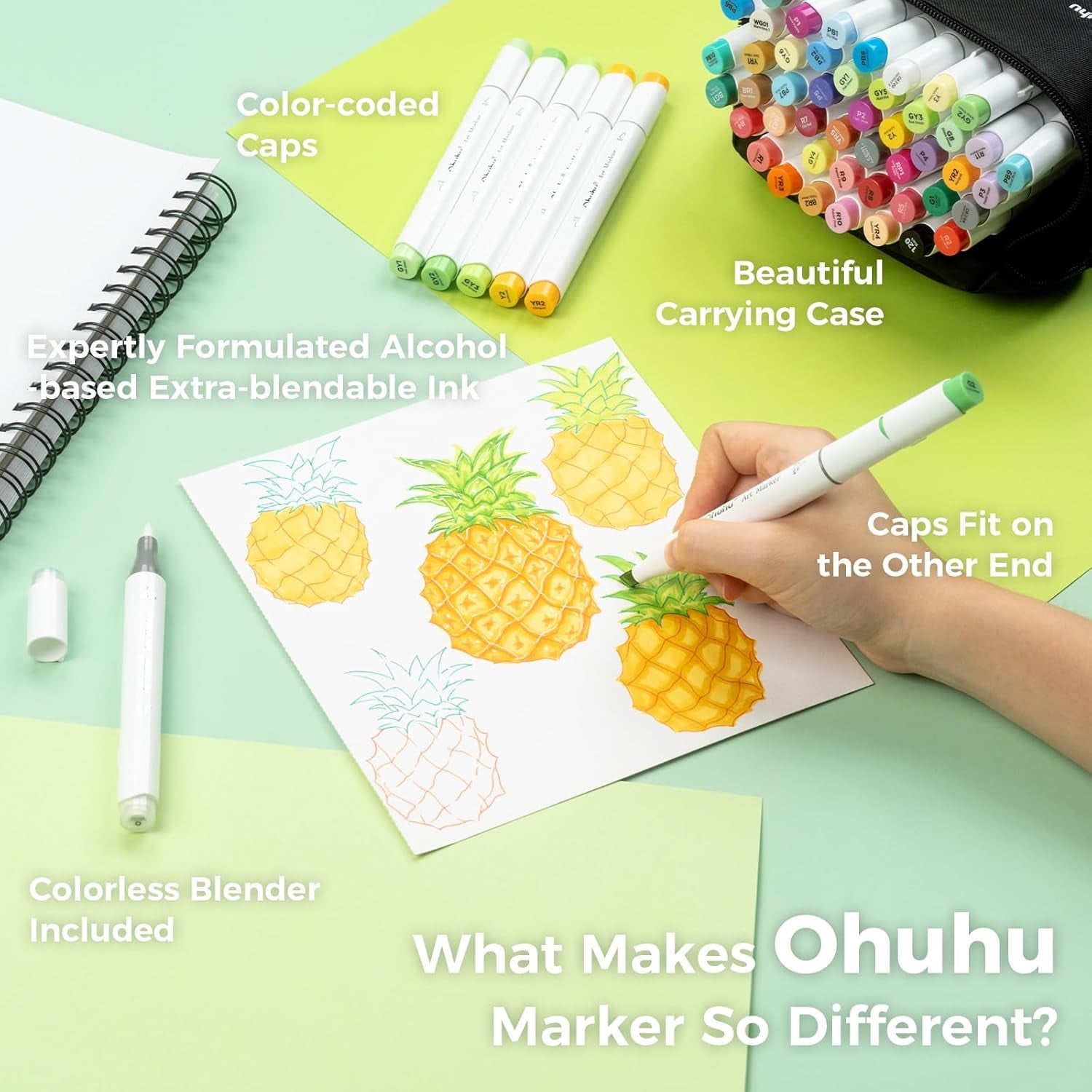 Ohuhu Alcohol Markers Brush Tip 48-Color Set - Brush & Chisel Tips, Refillable- New Color Code