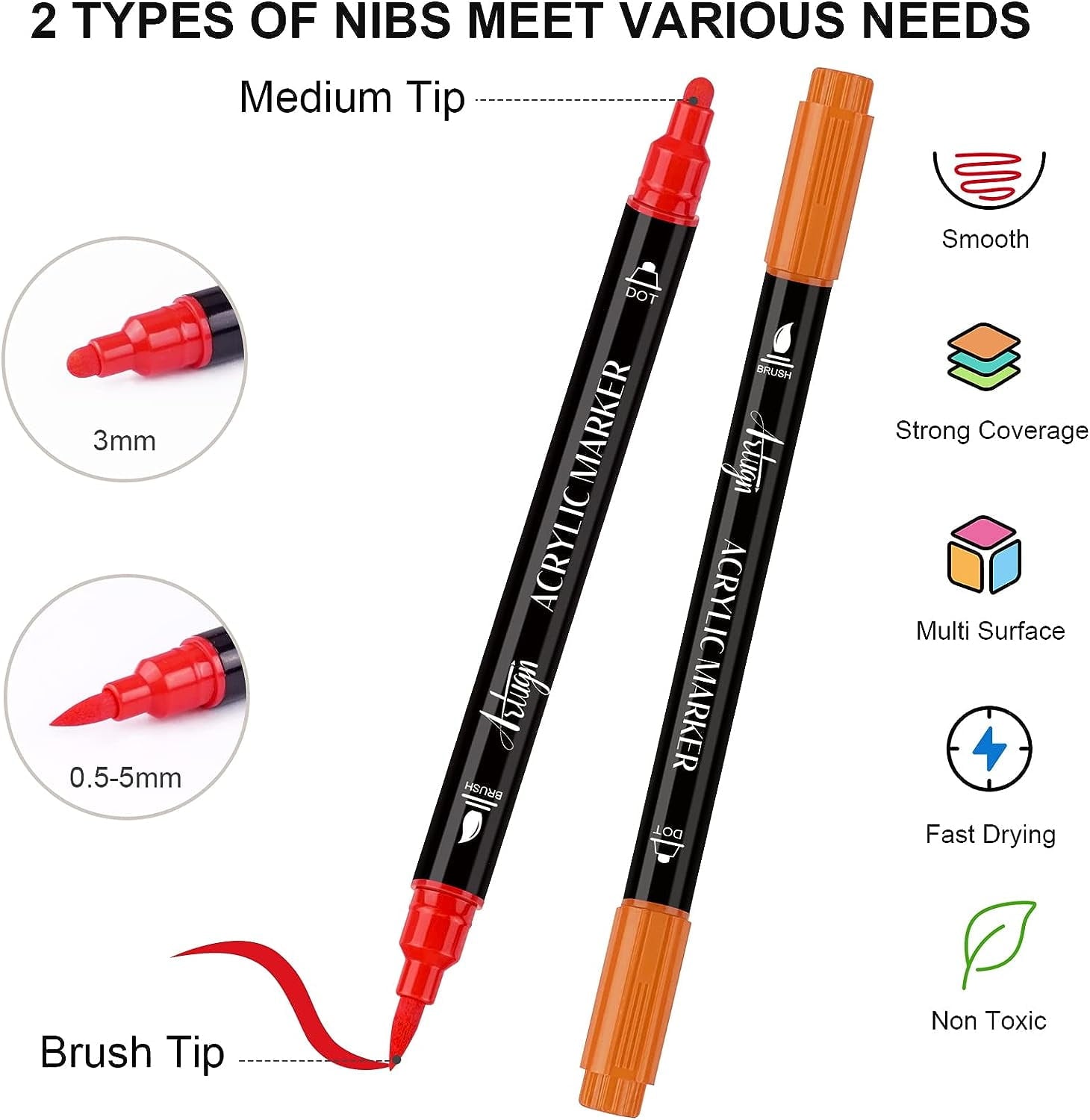 Acrylic Paint Pens, 36 Colors Dual Tip Brush Markers Pens with Medium Tip & Brush Tip for Rock Painting, Ceramic, Wood, Plastic, Calligraphy, Scrapbooking, Card Making, DIY Crafts