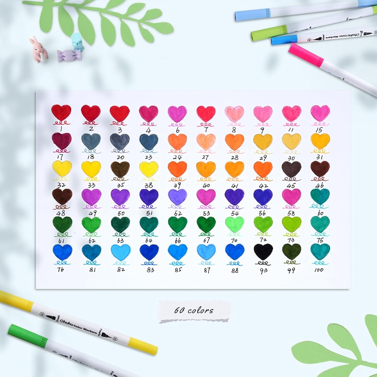 Ohuhu 60-Color Water-Based Markers, Dual Tips (Fineliner & Brush), No Bleeding, for Adults - Maui