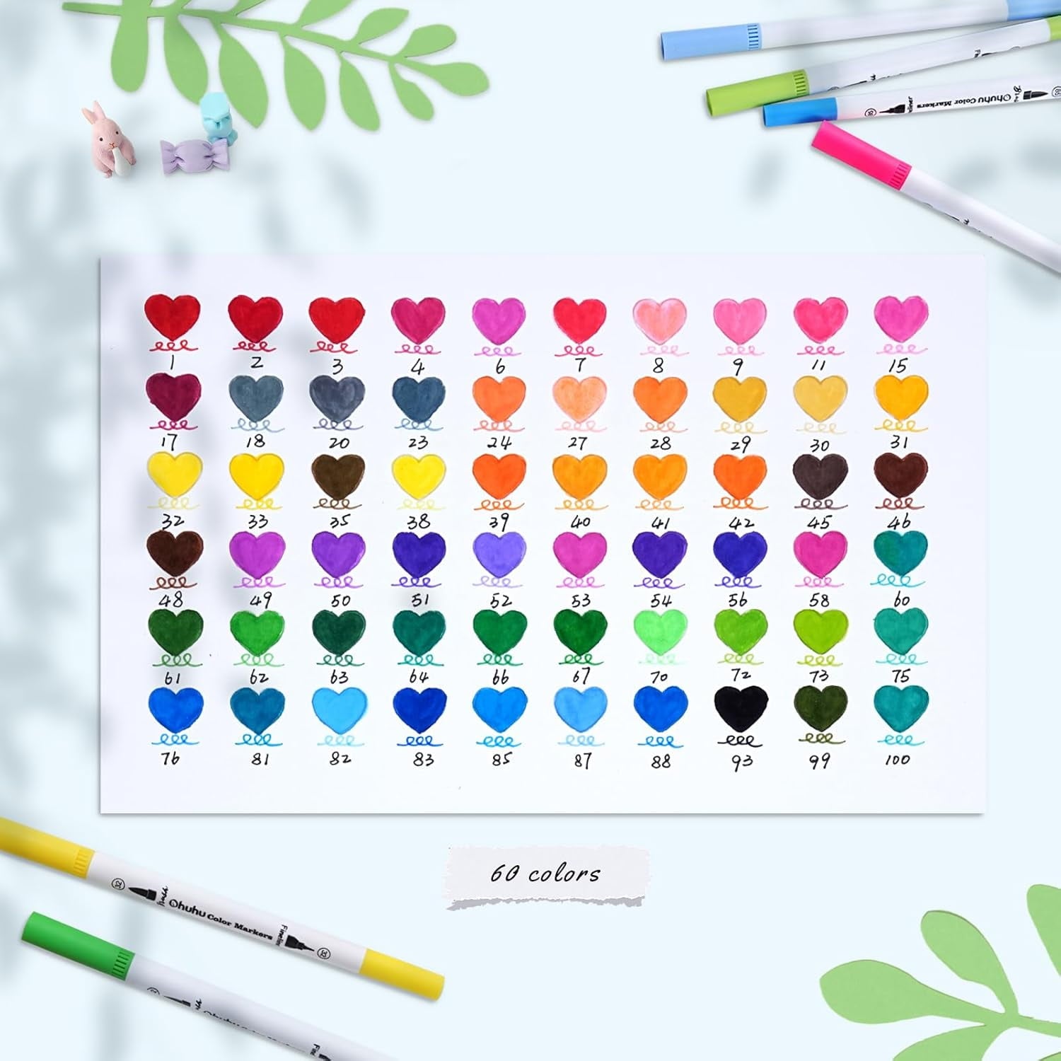 Ohuhu 60-Color Water-Based Markers, Dual Tips (Fineliner & Brush), No Bleeding, for Adults - Maui