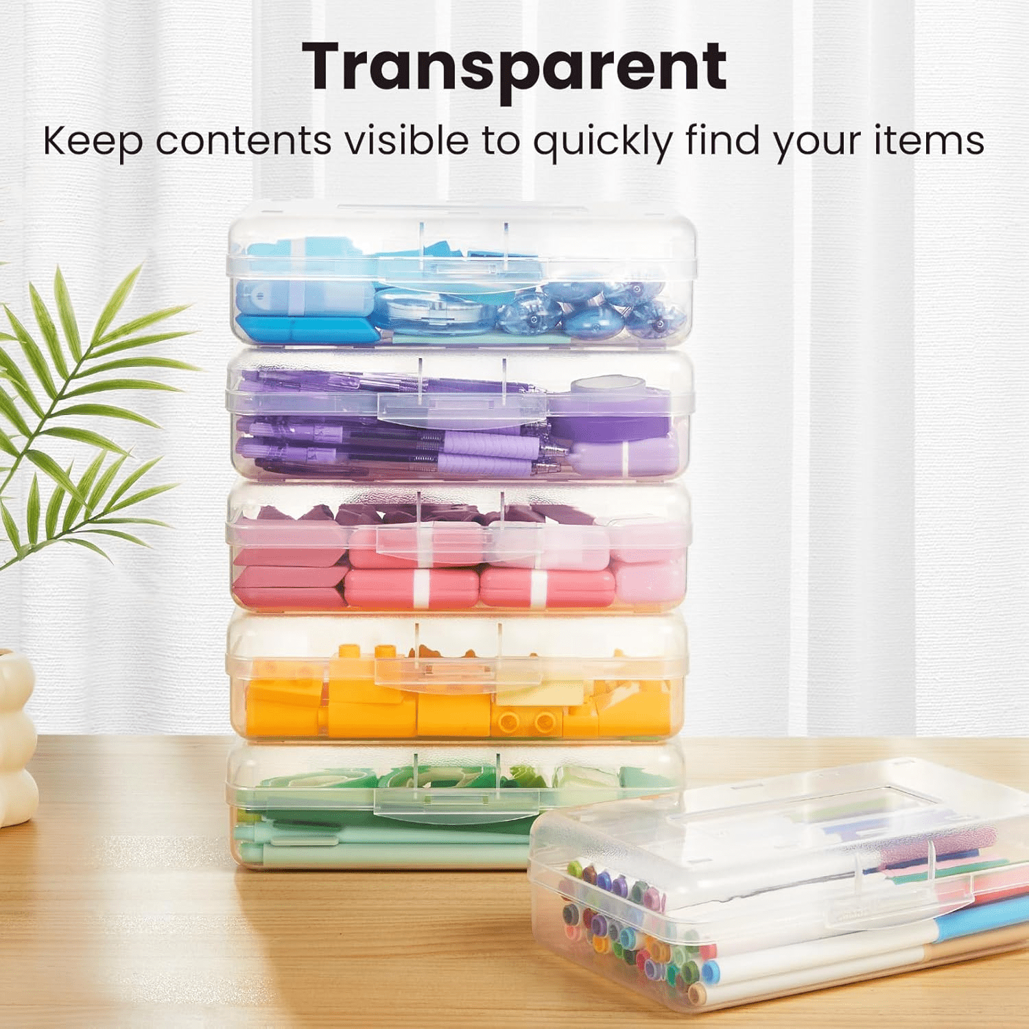 Meitianfacai 1PC Pencil Case, Large Capacity Hard Pencil Box, Clear Crayon Box Marker Pen Organizer, Plastic Storage Container with Snap Lid, Stackable Art Supply Bead Craft Organizer（Clear）