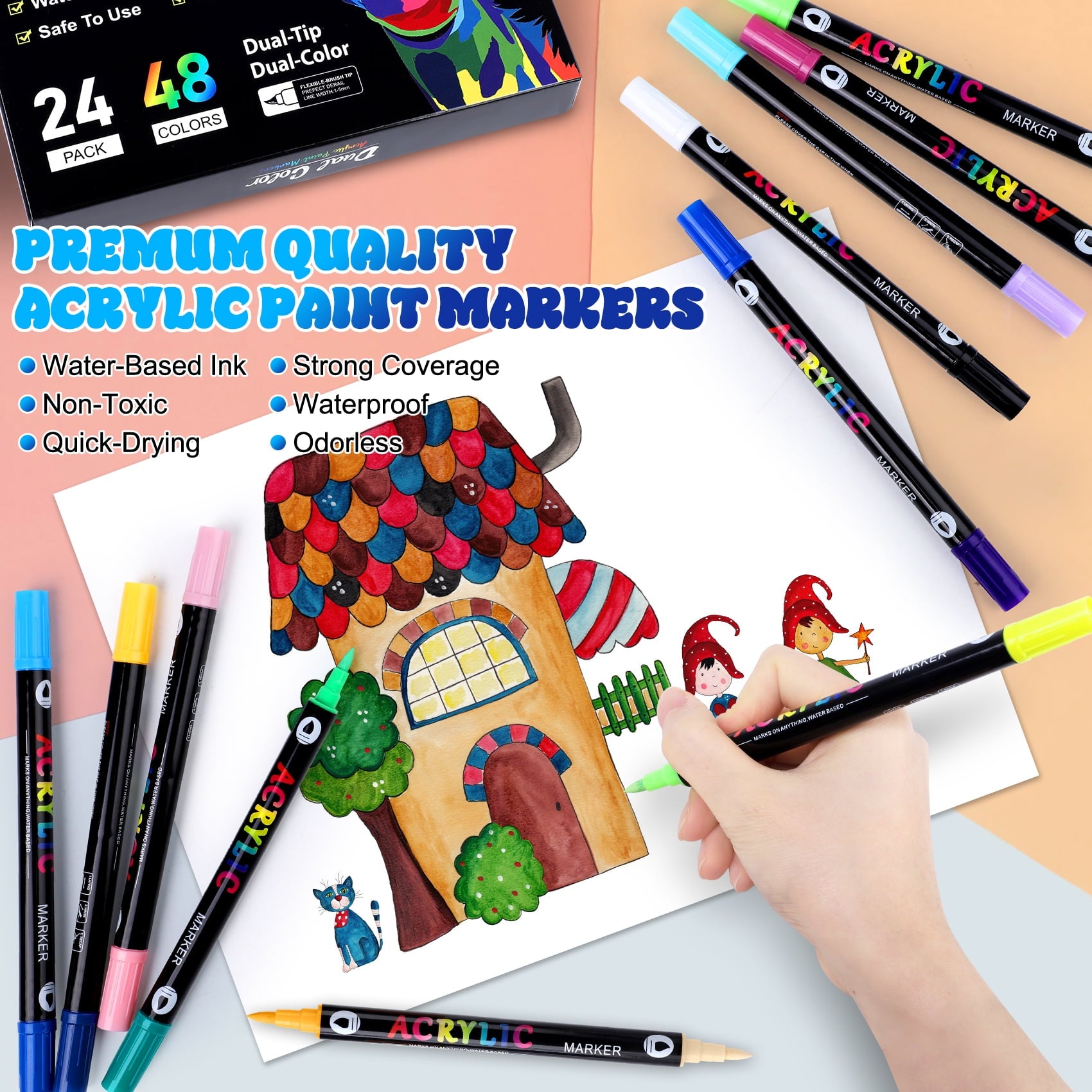 Scidweet Acrylic Paint Markers Set, 24 Pcs Dual Tip Dual Color Paint Pens Fine Needlepoint Marker Arts and Crafts Supplies Kit