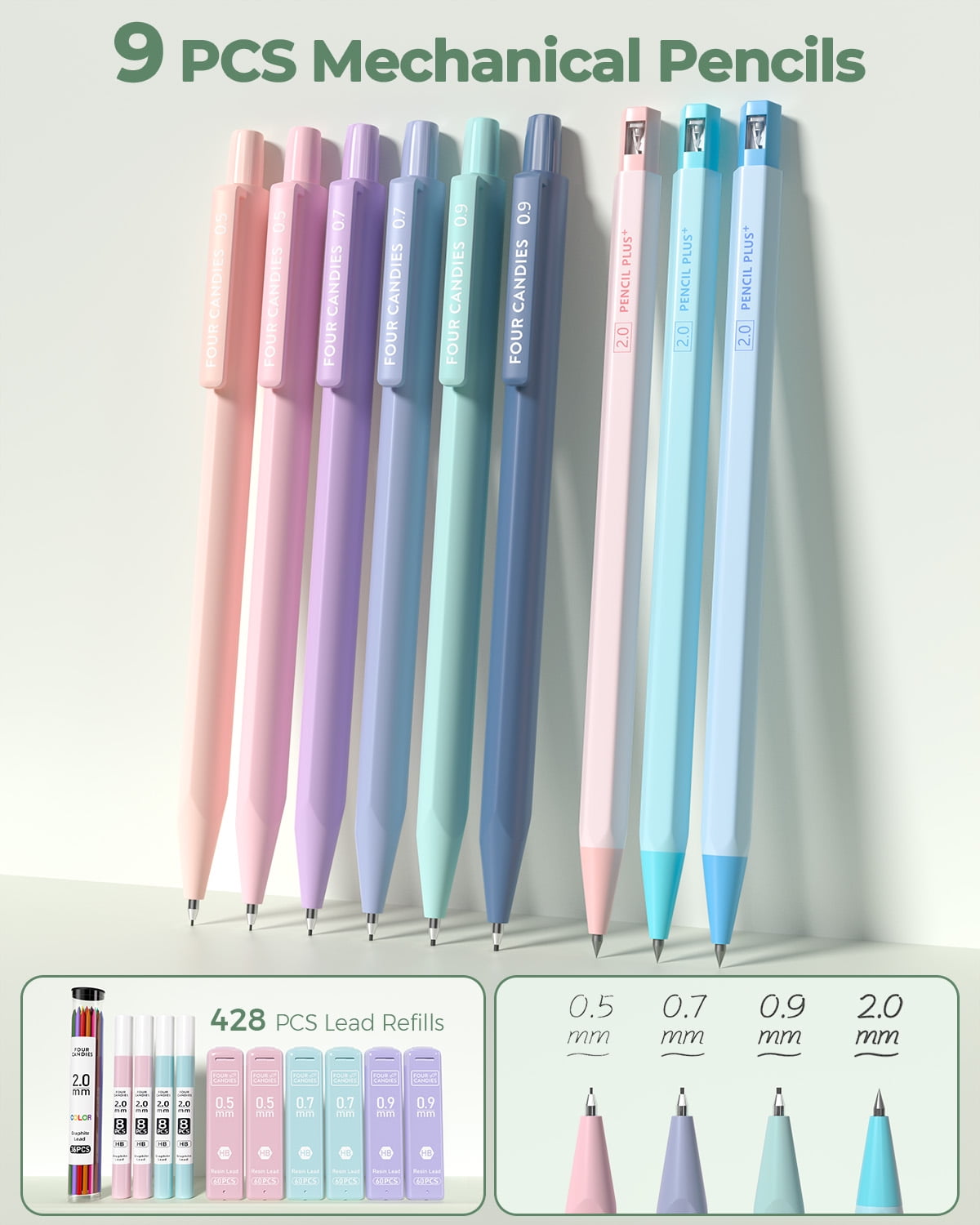 Four Candies 56 PCS Aesthetic Supplies with Large Pencil Case, 6 Colored Ballpoint Pens, 12 Pastel Highlighters, 5 Black Ink Gel Pens, 9 Mechanical Pencils 0.5-2.0mm Essentials (Green)