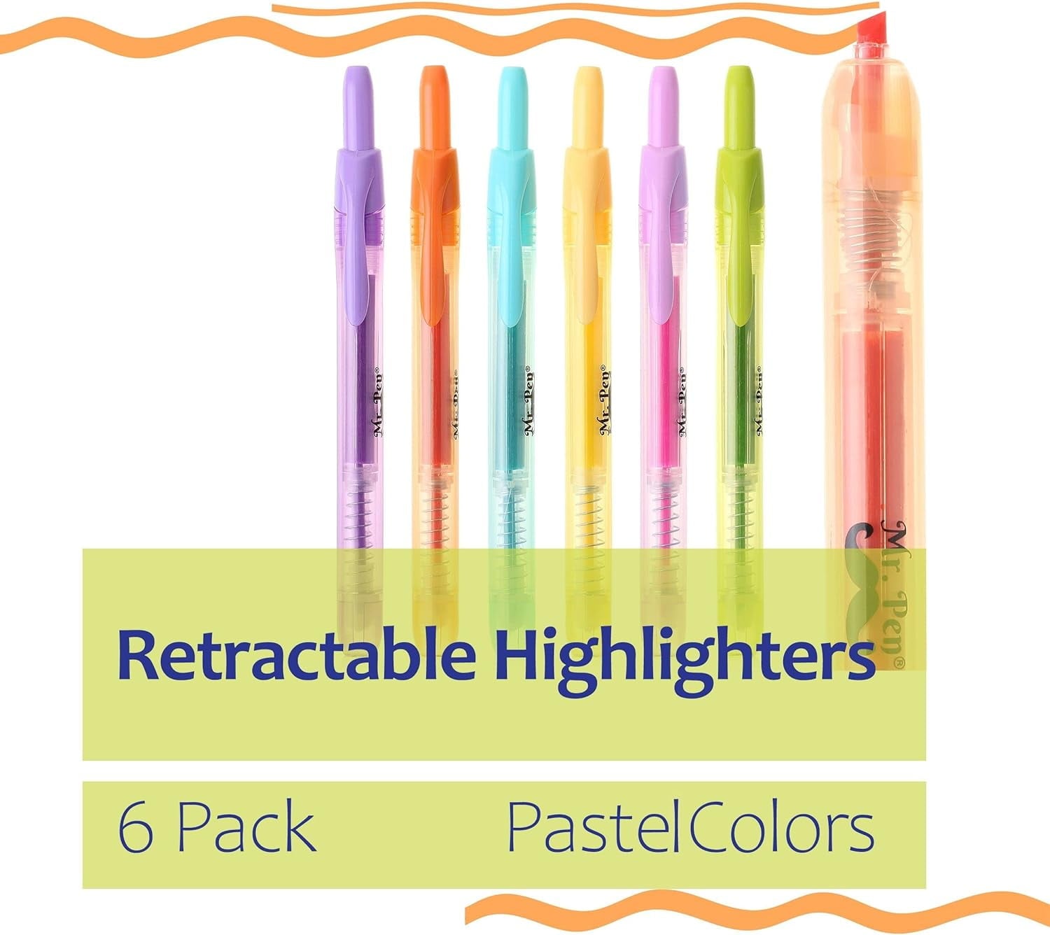 Mr. Pen- Retractable Highlighters, 6 Pack, Pastel Colors, Chisel Tip, No Smear Click Highlighter, Bible Journaling Highlighter, Highlighter Markers Retractable, Highlighter Pens, Mild Highlighters