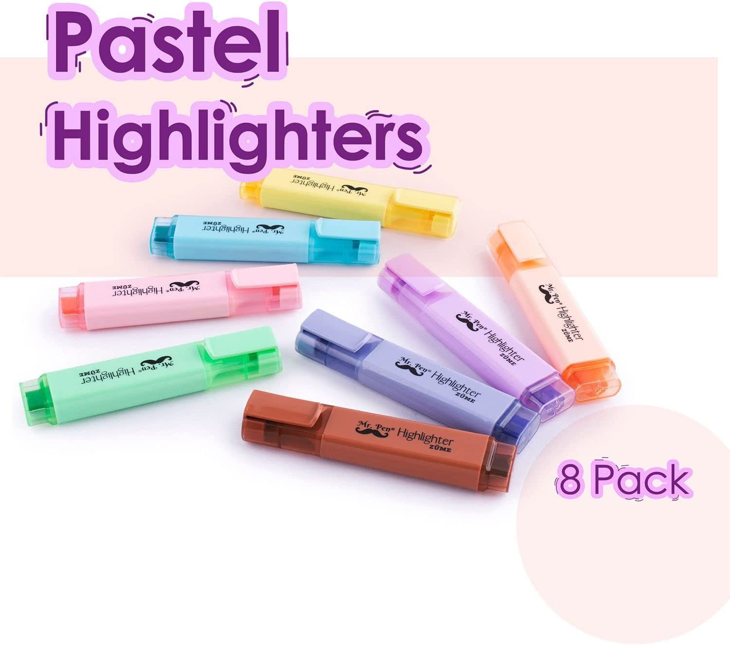 Mr. Pen No Smear Highlighters, Chisel-Point, Assorted Colors, 8 Count